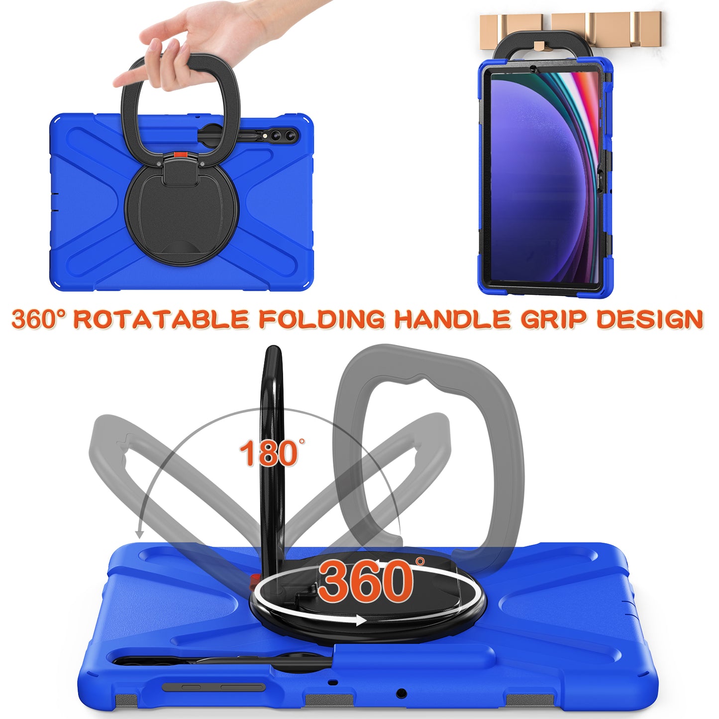 For Samsung Galaxy Tab S9 FE+ / S9+ / S8+ / S7+ PC+Silicone Protective Case Rotating Kickstand Rugged Tablet Cover with Handle Design