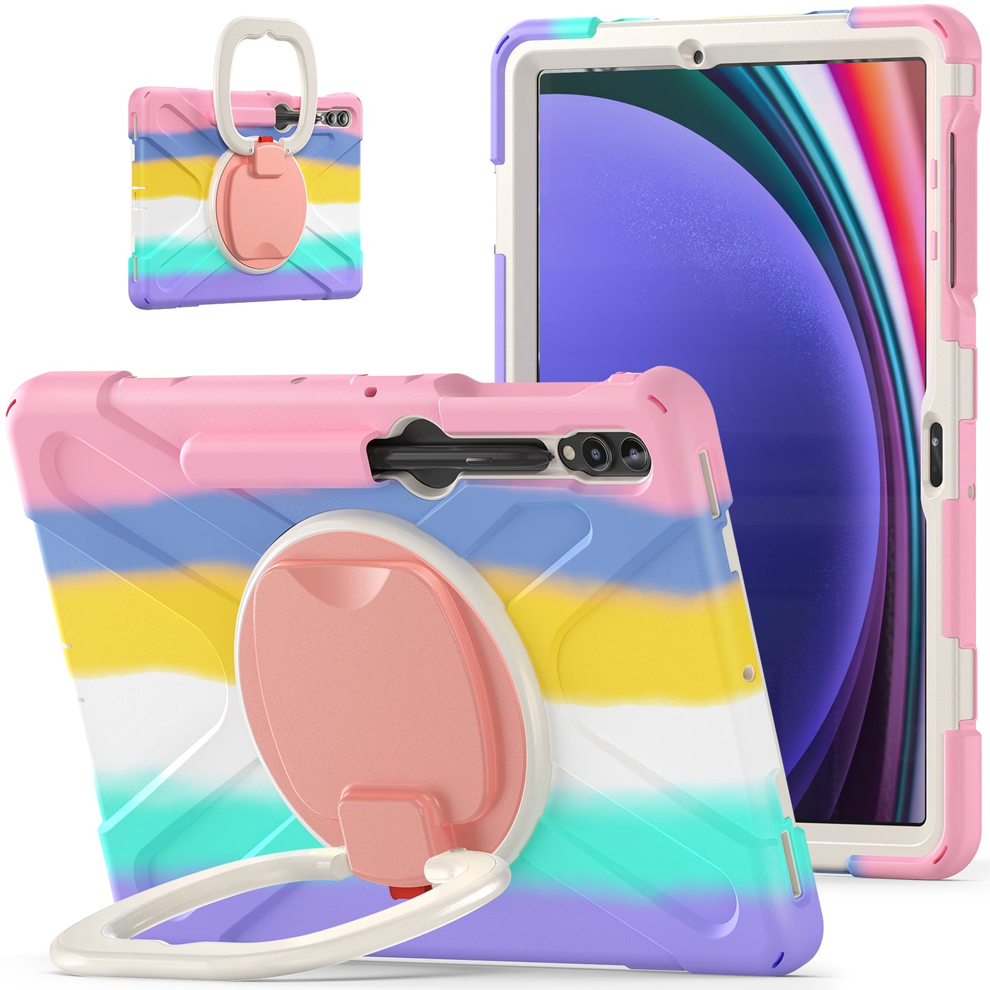 For Samsung Galaxy Tab S9 FE+ / S9+ / S8+ / S7+ PC+Silicone Protective Case Rotating Kickstand Rugged Tablet Cover with Handle Design