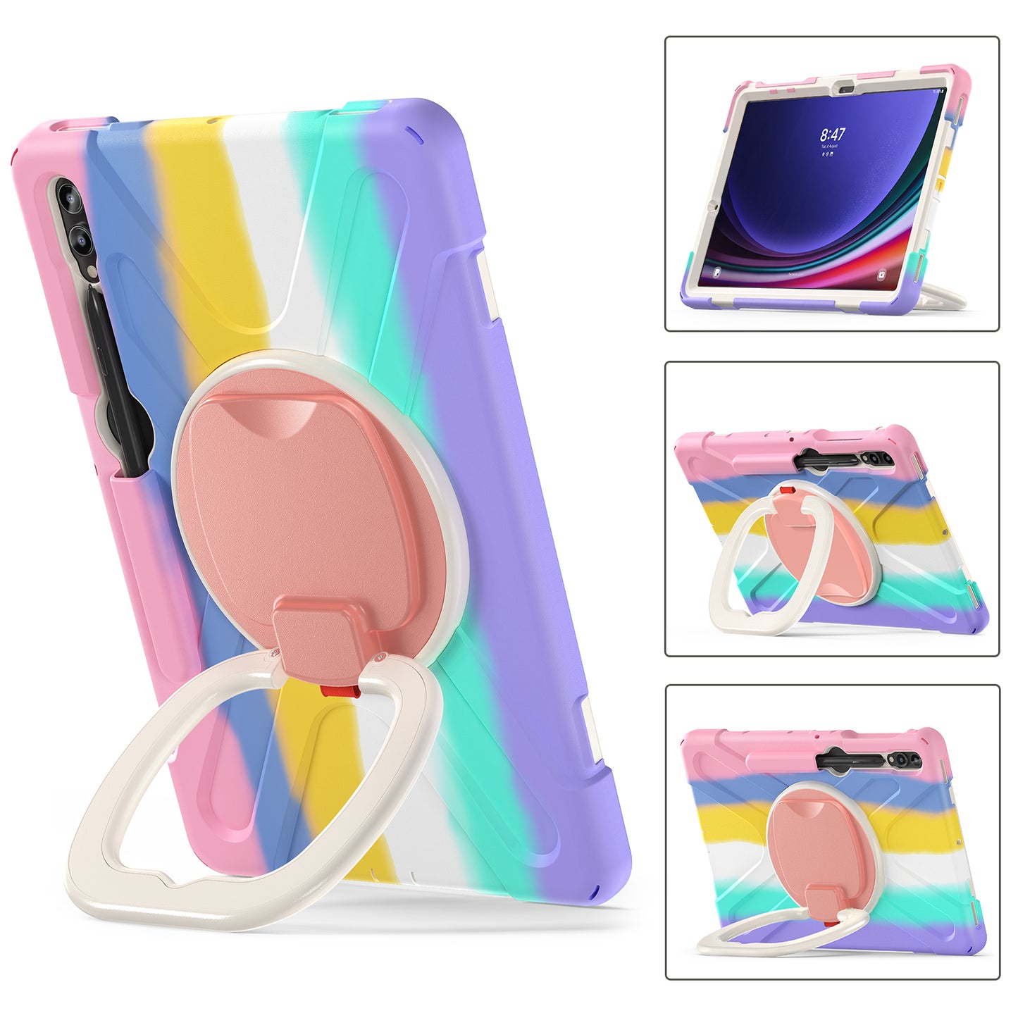 For Samsung Galaxy Tab S9 FE+ / S9+ / S8+ / S7+ PC+Silicone Protective Case Rotating Kickstand Rugged Tablet Cover with Handle Design