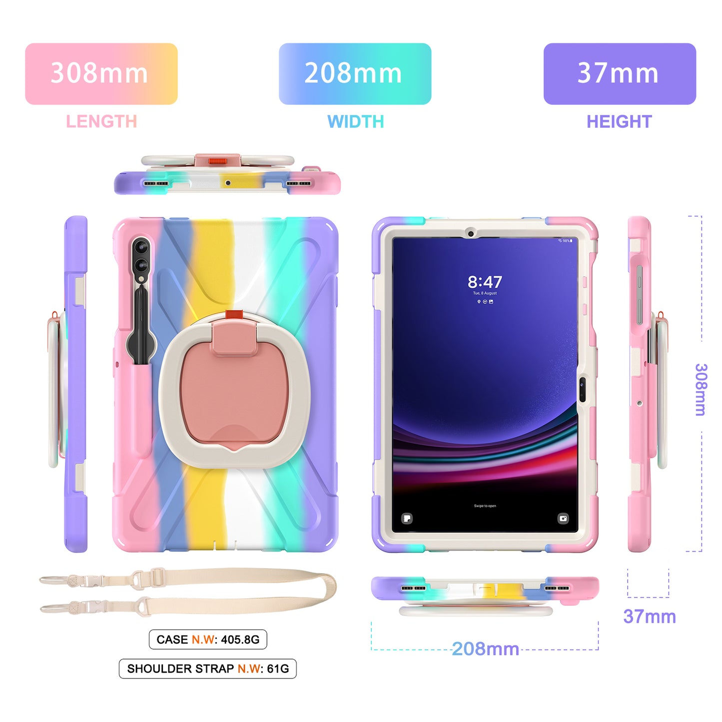 For Samsung Galaxy Tab S9 FE+ / S9+ / S8+ / S7+ PC+Silicone Protective Case Rotating Kickstand Rugged Tablet Cover with Handle Design