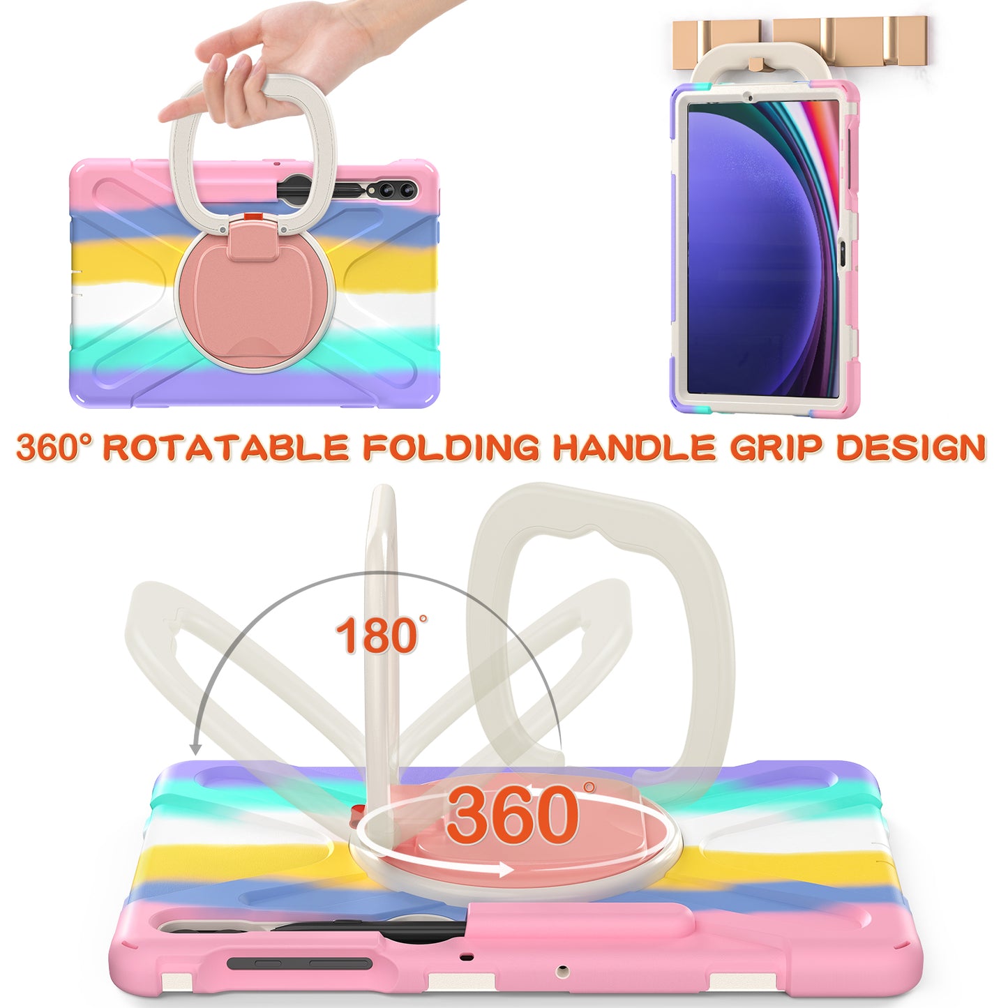 For Samsung Galaxy Tab S9 FE+ / S9+ / S8+ / S7+ PC+Silicone Protective Case Rotating Kickstand Rugged Tablet Cover with Handle Design