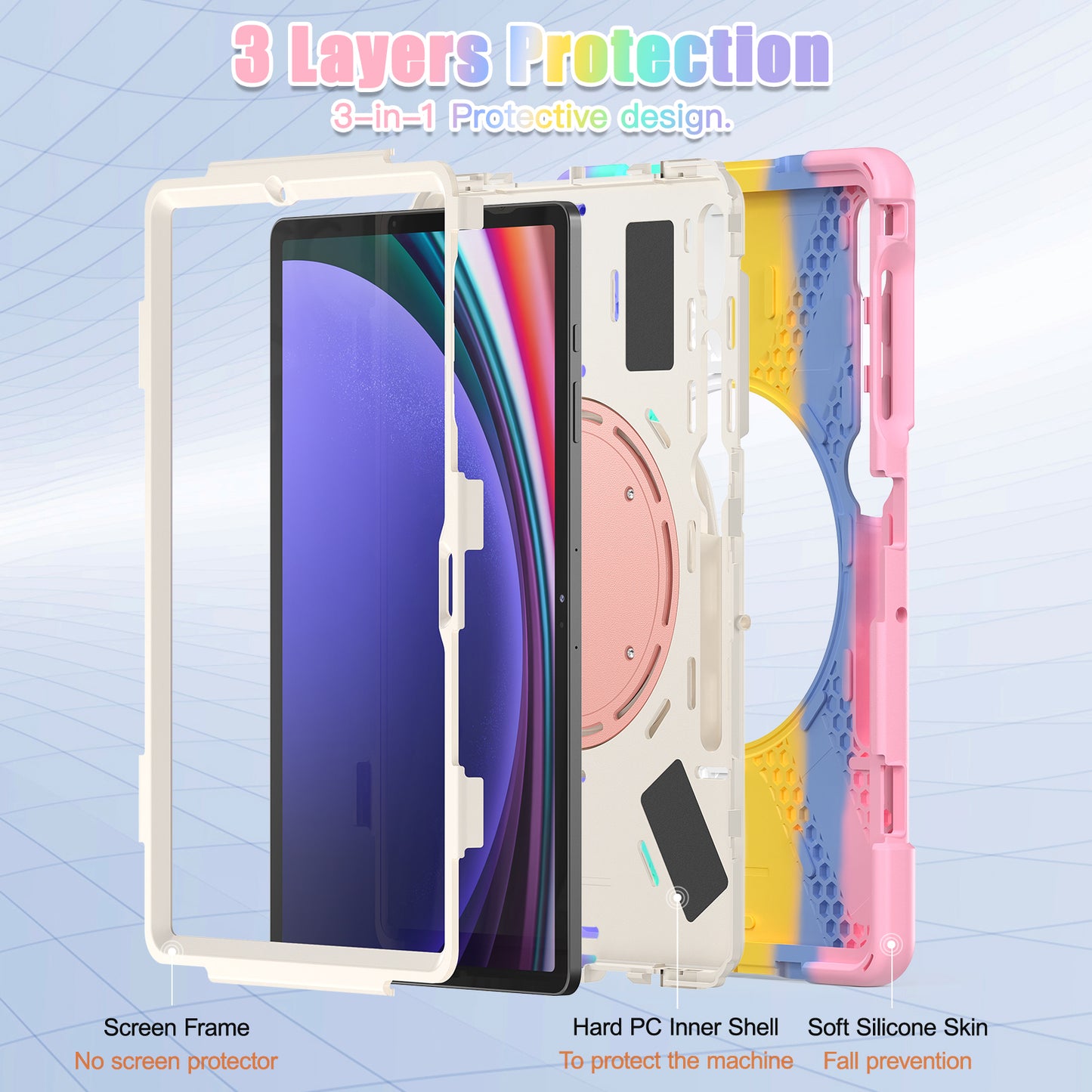 For Samsung Galaxy Tab S9 FE+ / S9+ / S8+ / S7+ PC+Silicone Protective Case Rotating Kickstand Rugged Tablet Cover with Handle Design