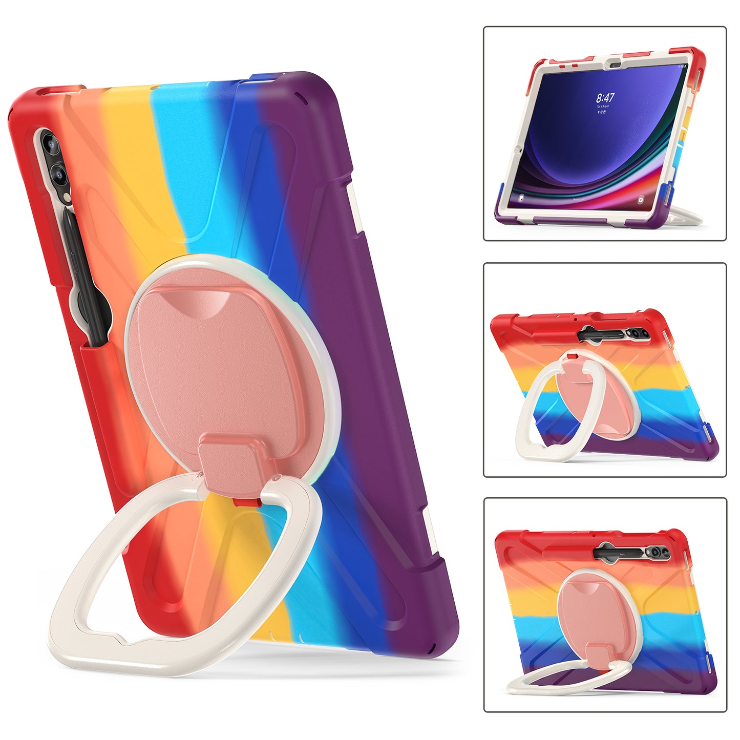 For Samsung Galaxy Tab S9 FE+ / S9+ / S8+ / S7+ PC+Silicone Protective Case Rotating Kickstand Rugged Tablet Cover with Handle Design