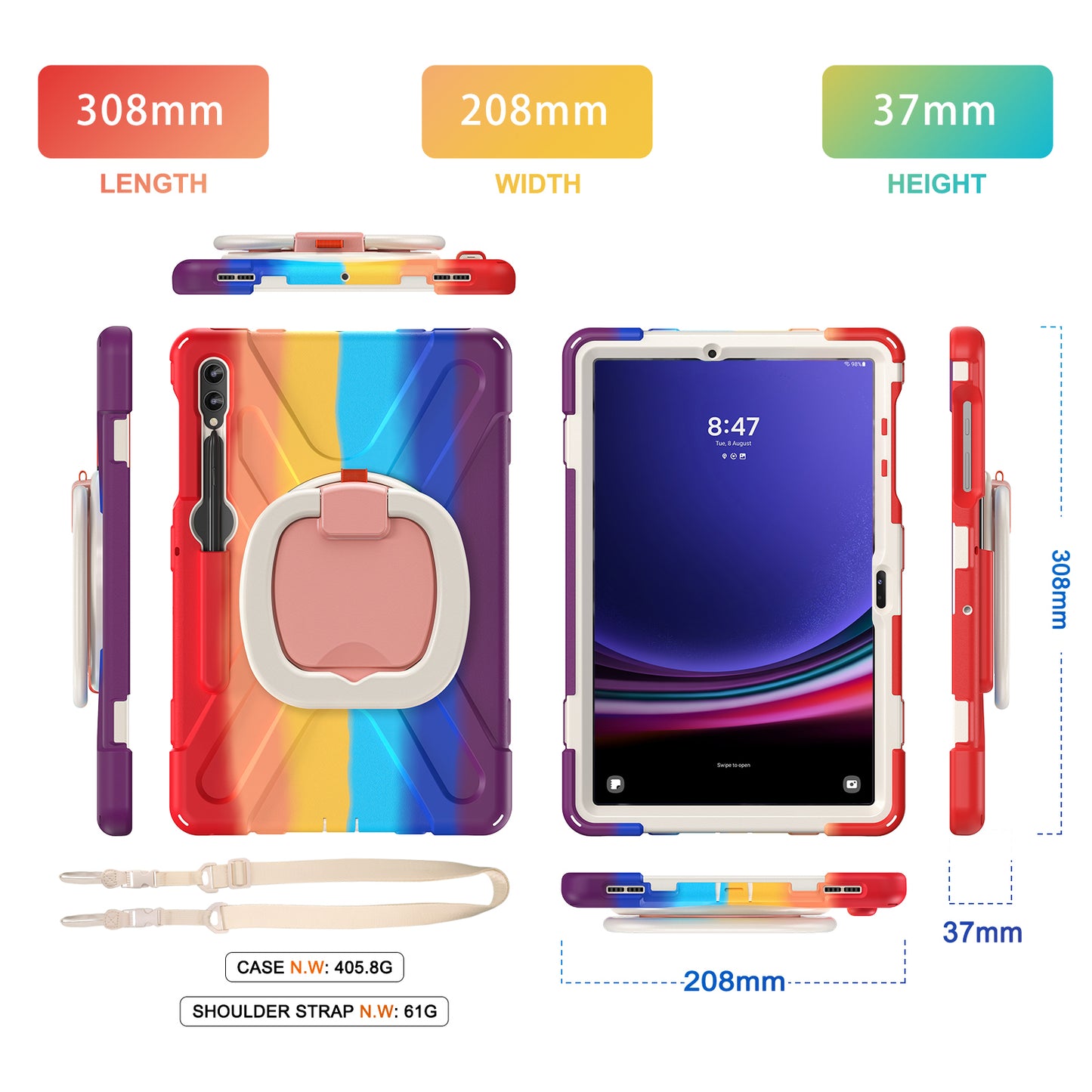 For Samsung Galaxy Tab S9 FE+ / S9+ / S8+ / S7+ PC+Silicone Protective Case Rotating Kickstand Rugged Tablet Cover with Handle Design