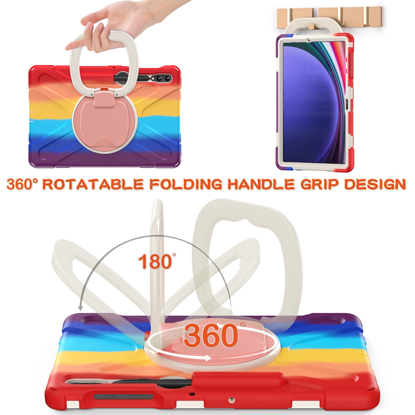 For Samsung Galaxy Tab S9 FE+ / S9+ / S8+ / S7+ PC+Silicone Protective Case Rotating Kickstand Rugged Tablet Cover with Handle Design