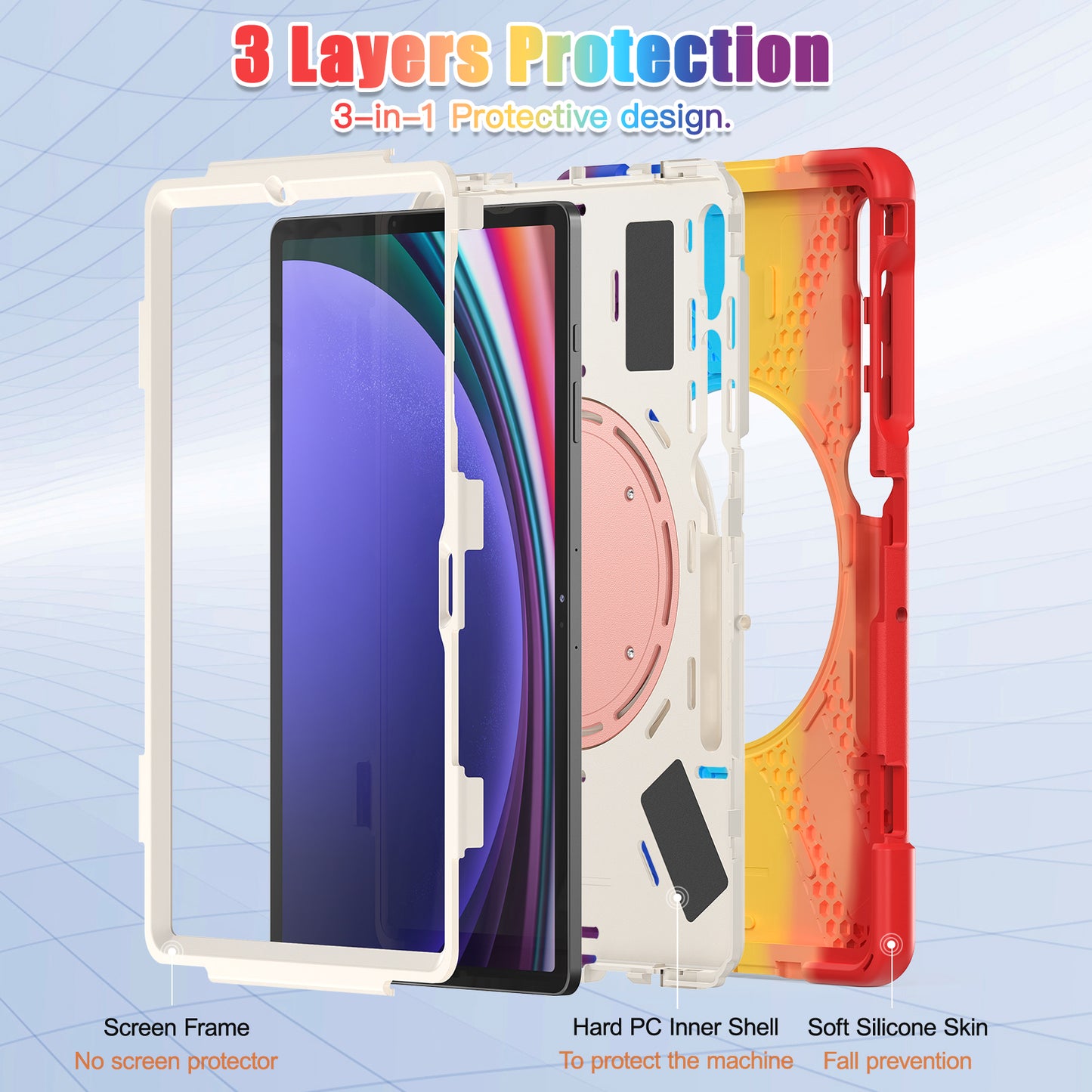 For Samsung Galaxy Tab S9 FE+ / S9+ / S8+ / S7+ PC+Silicone Protective Case Rotating Kickstand Rugged Tablet Cover with Handle Design