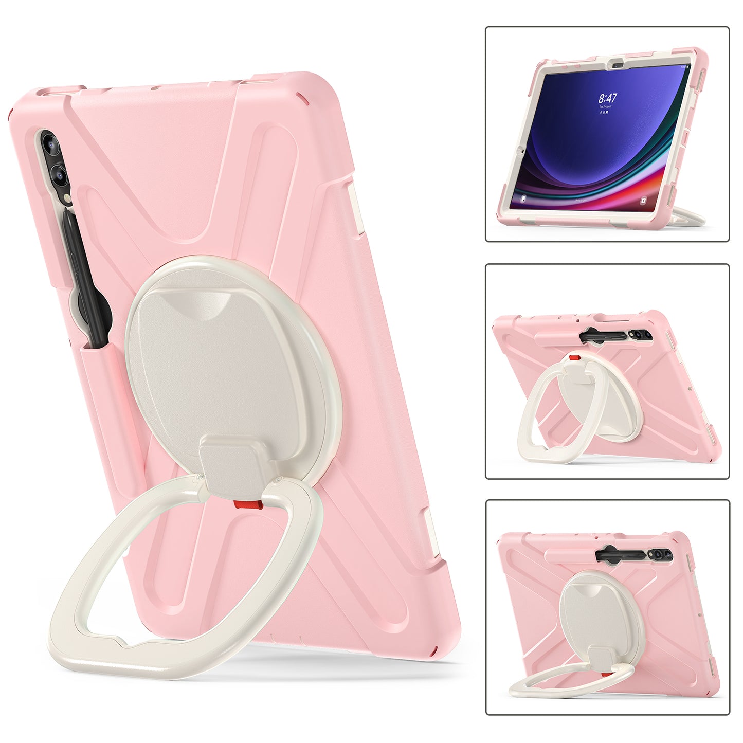 For Samsung Galaxy Tab S9 FE+ / S9+ / S8+ / S7+ PC+Silicone Protective Case Rotating Kickstand Rugged Tablet Cover with Handle Design