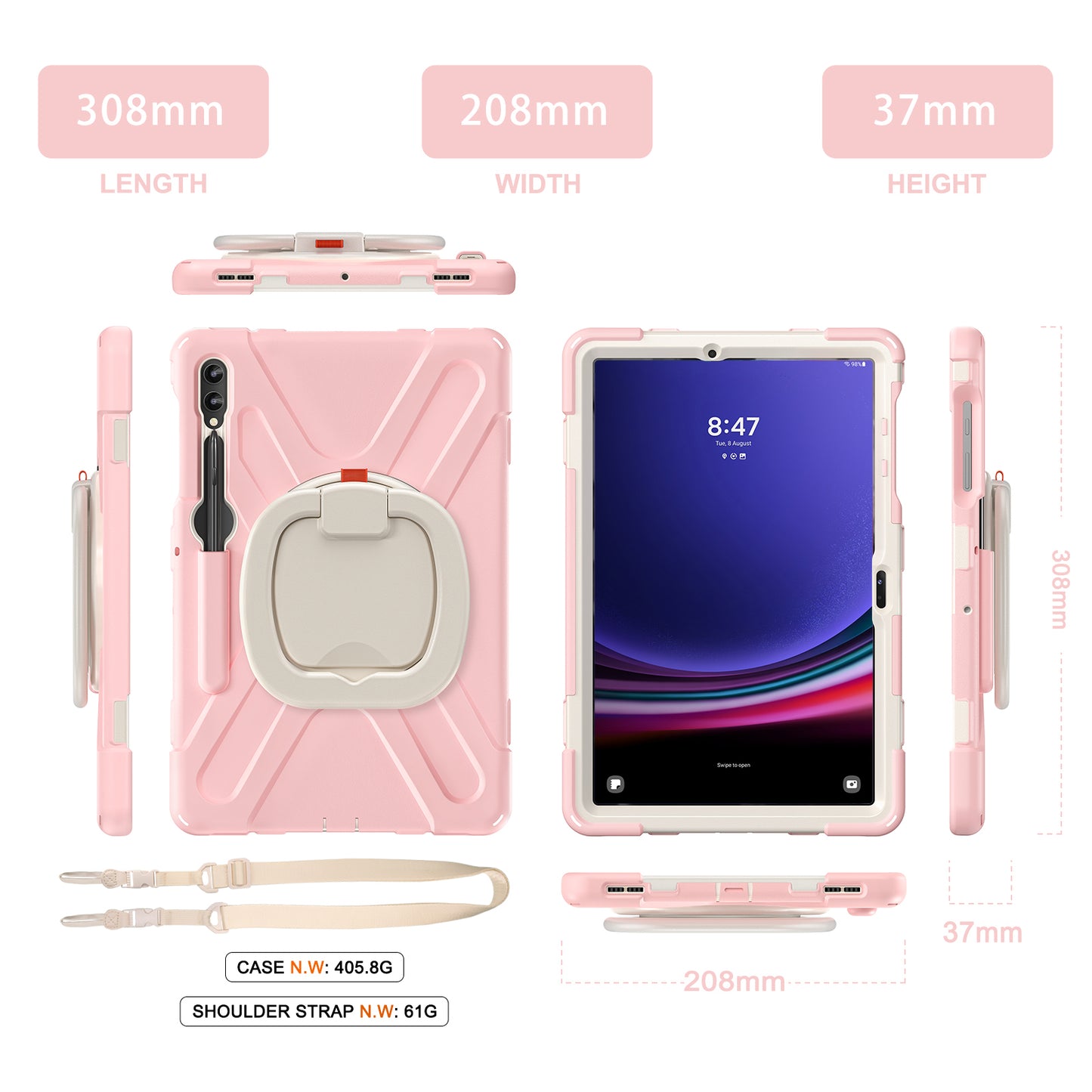 For Samsung Galaxy Tab S9 FE+ / S9+ / S8+ / S7+ PC+Silicone Protective Case Rotating Kickstand Rugged Tablet Cover with Handle Design