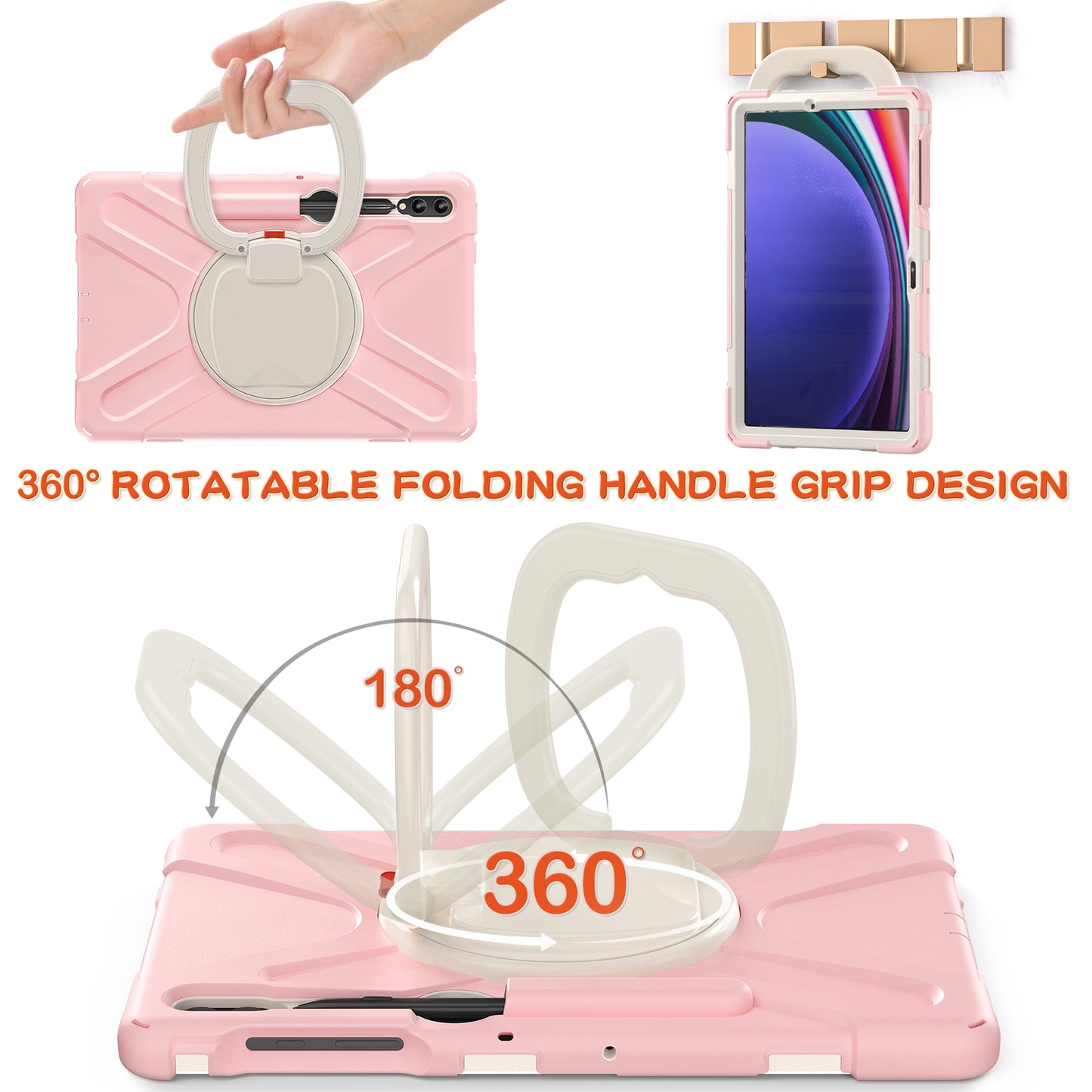 For Samsung Galaxy Tab S9 FE+ / S9+ / S8+ / S7+ PC+Silicone Protective Case Rotating Kickstand Rugged Tablet Cover with Handle Design