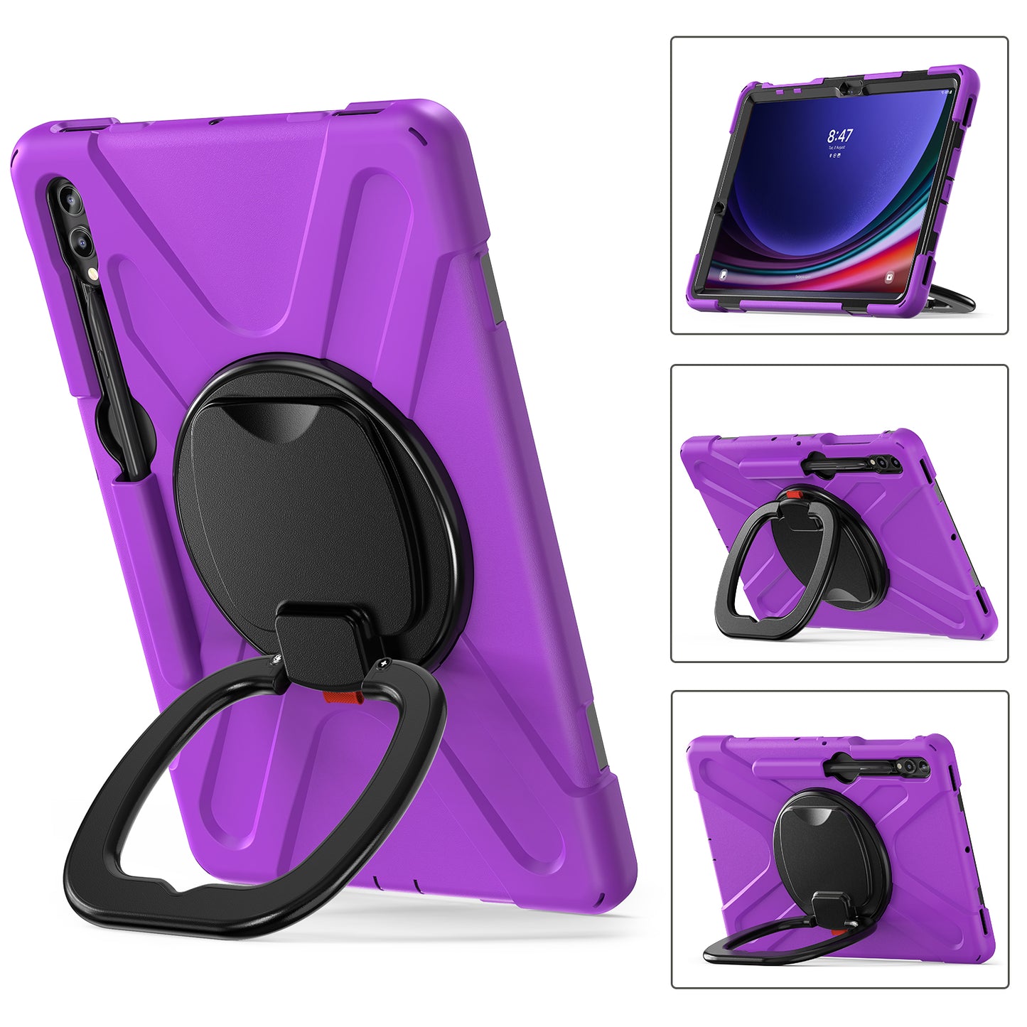 For Samsung Galaxy Tab S9 FE+ / S9+ / S8+ / S7+ PC+Silicone Protective Case Rotating Kickstand Rugged Tablet Cover with Handle Design