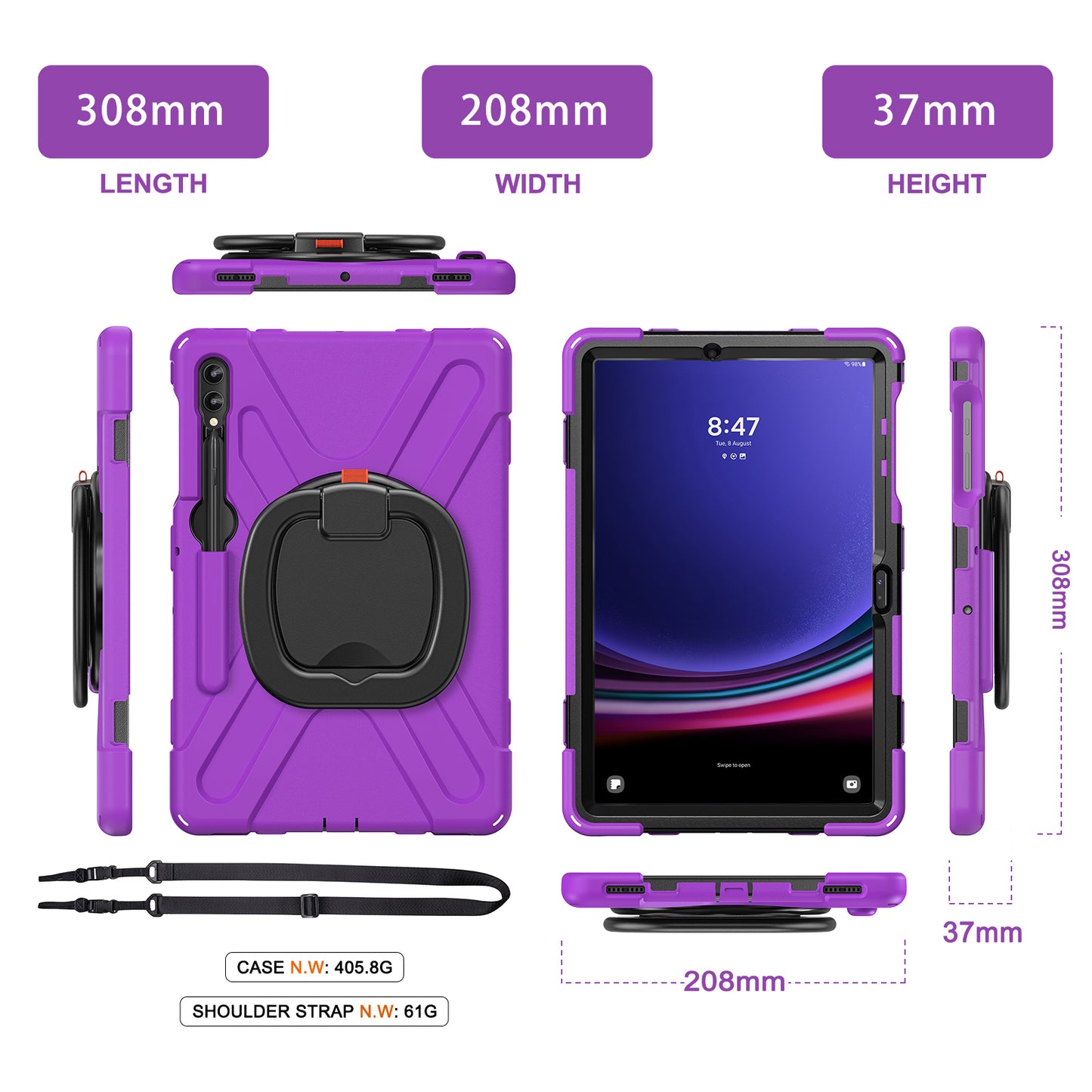 For Samsung Galaxy Tab S9 FE+ / S9+ / S8+ / S7+ PC+Silicone Protective Case Rotating Kickstand Rugged Tablet Cover with Handle Design