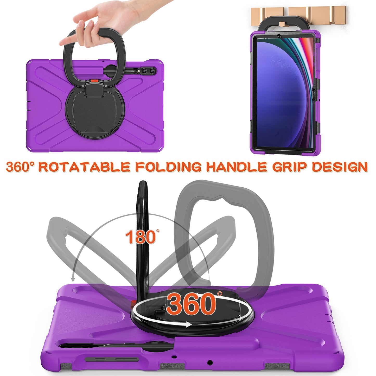 For Samsung Galaxy Tab S9 FE+ / S9+ / S8+ / S7+ PC+Silicone Protective Case Rotating Kickstand Rugged Tablet Cover with Handle Design