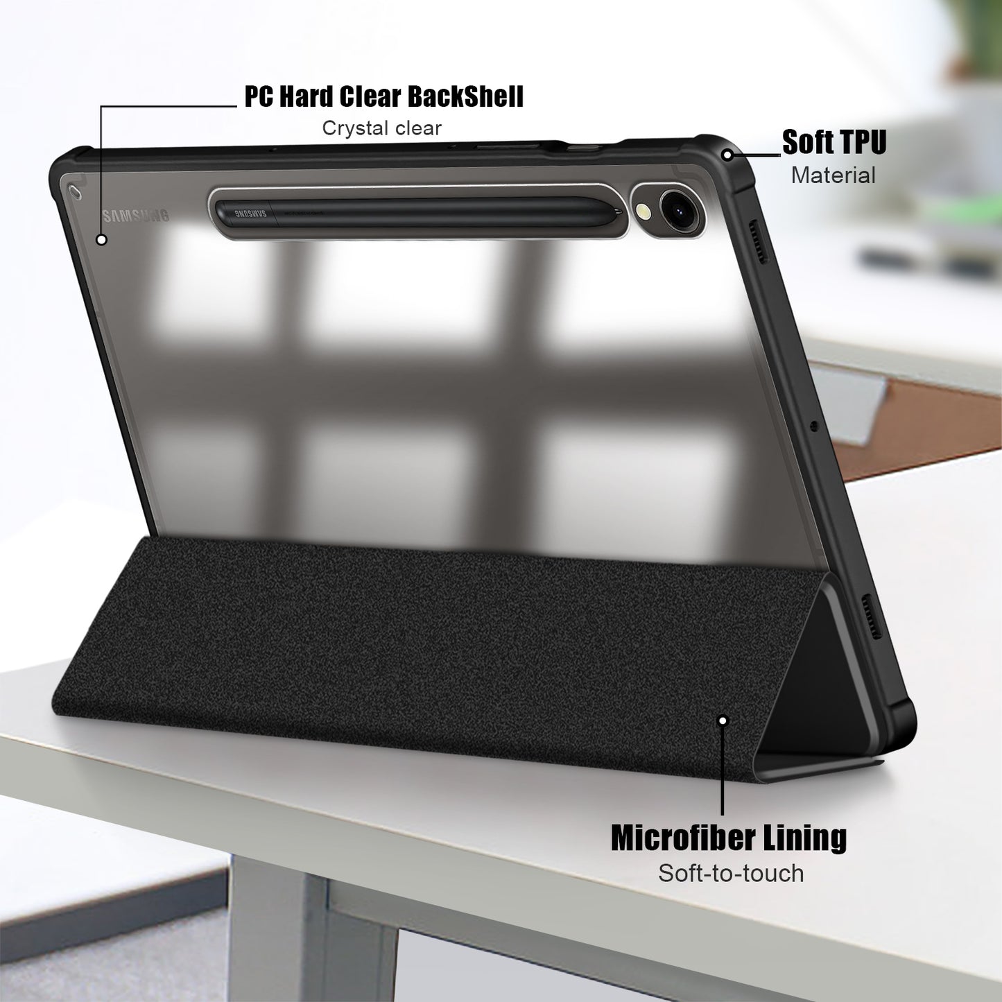 Protective Case for Samsung Galaxy Tab S9 (SM-X710 / SM-X716B / SM-X718U) PU+TPU+Acrylic Tri-fold Stand Tablet Cover with Pen Slot