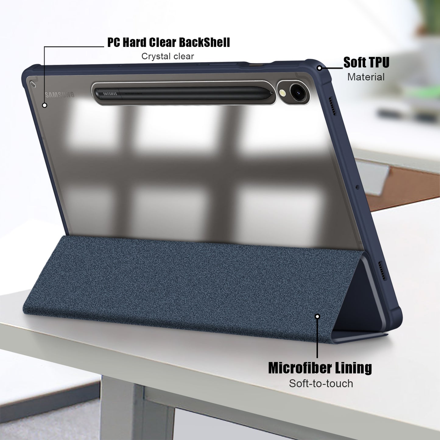 Protective Case for Samsung Galaxy Tab S9 (SM-X710 / SM-X716B / SM-X718U) PU+TPU+Acrylic Tri-fold Stand Tablet Cover with Pen Slot