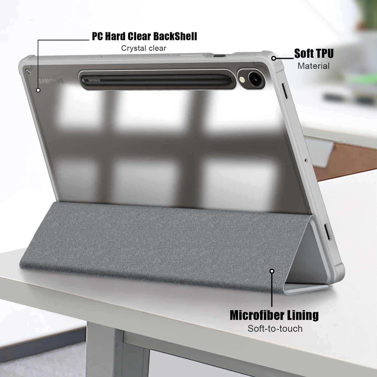 Protective Case for Samsung Galaxy Tab S9 (SM-X710 / SM-X716B / SM-X718U) PU+TPU+Acrylic Tri-fold Stand Tablet Cover with Pen Slot