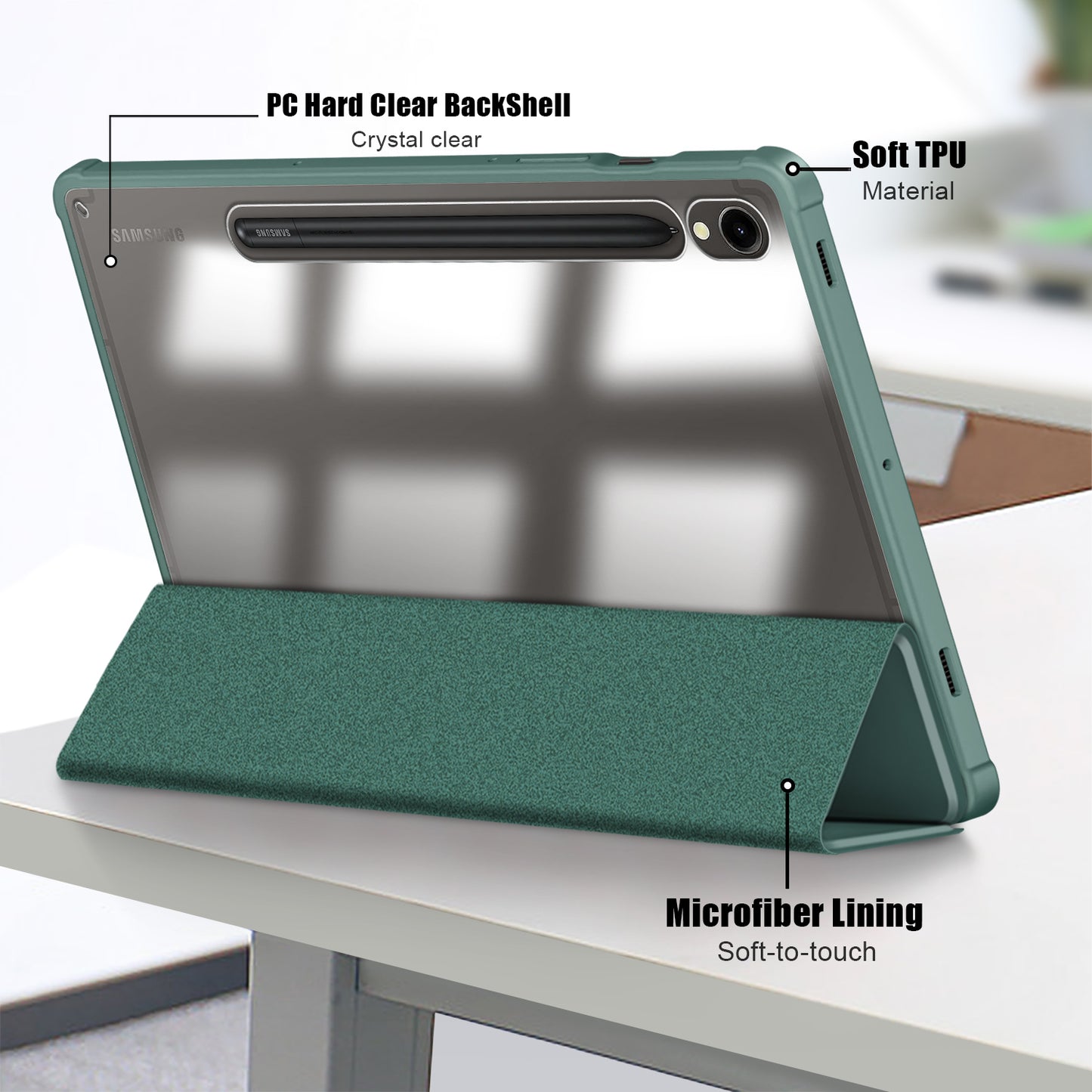 Protective Case for Samsung Galaxy Tab S9 (SM-X710 / SM-X716B / SM-X718U) PU+TPU+Acrylic Tri-fold Stand Tablet Cover with Pen Slot