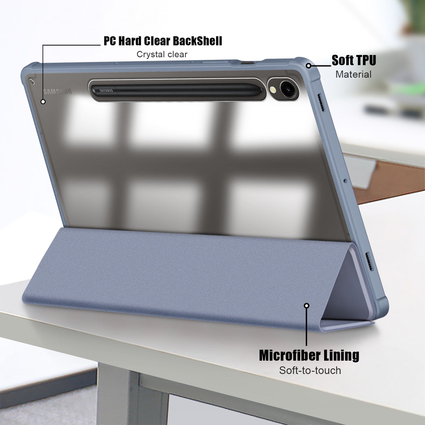 Protective Case for Samsung Galaxy Tab S9 (SM-X710 / SM-X716B / SM-X718U) PU+TPU+Acrylic Tri-fold Stand Tablet Cover with Pen Slot