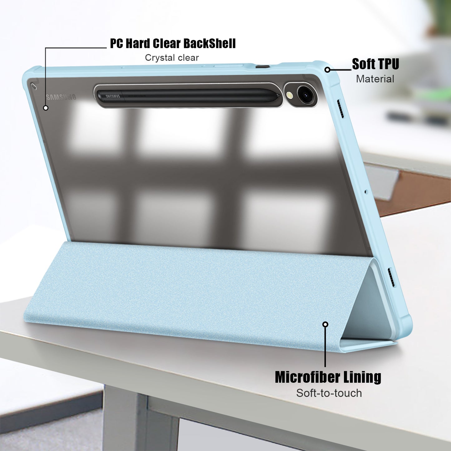 Protective Case for Samsung Galaxy Tab S9 (SM-X710 / SM-X716B / SM-X718U) PU+TPU+Acrylic Tri-fold Stand Tablet Cover with Pen Slot