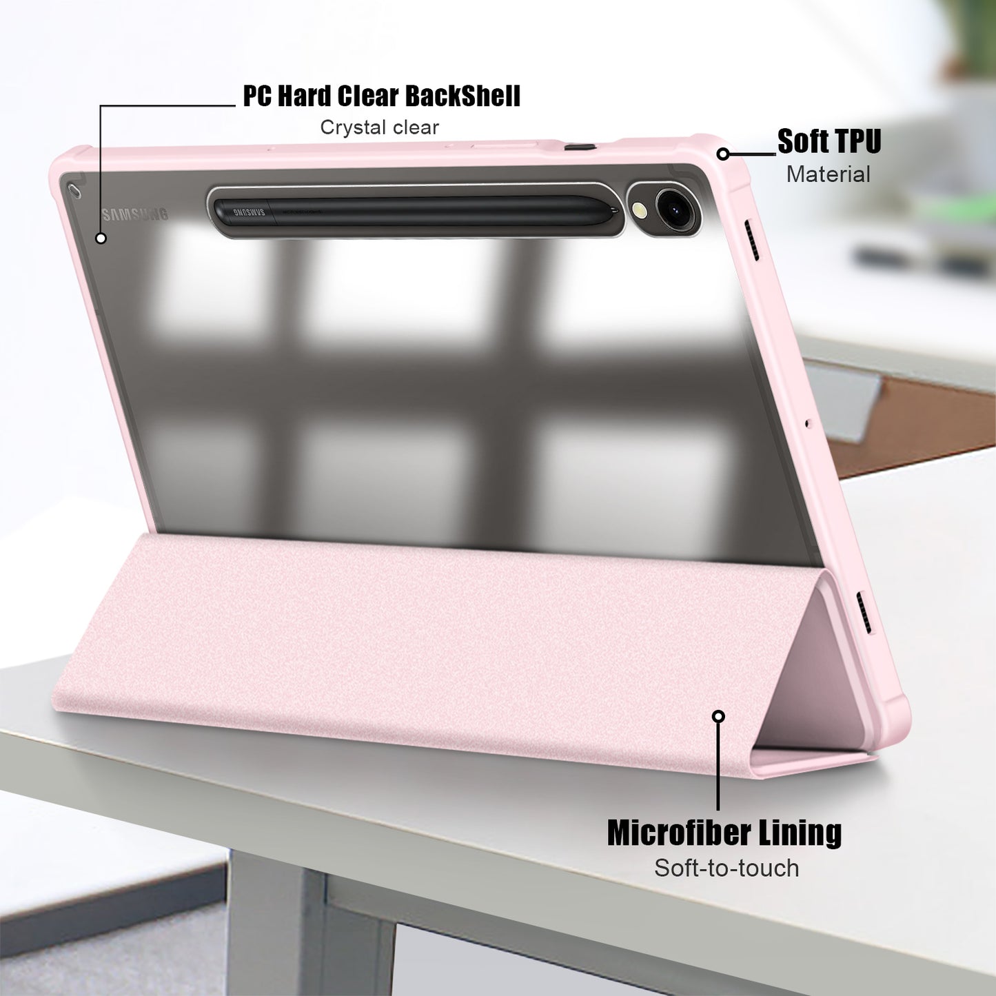 Protective Case for Samsung Galaxy Tab S9 (SM-X710 / SM-X716B / SM-X718U) PU+TPU+Acrylic Tri-fold Stand Tablet Cover with Pen Slot