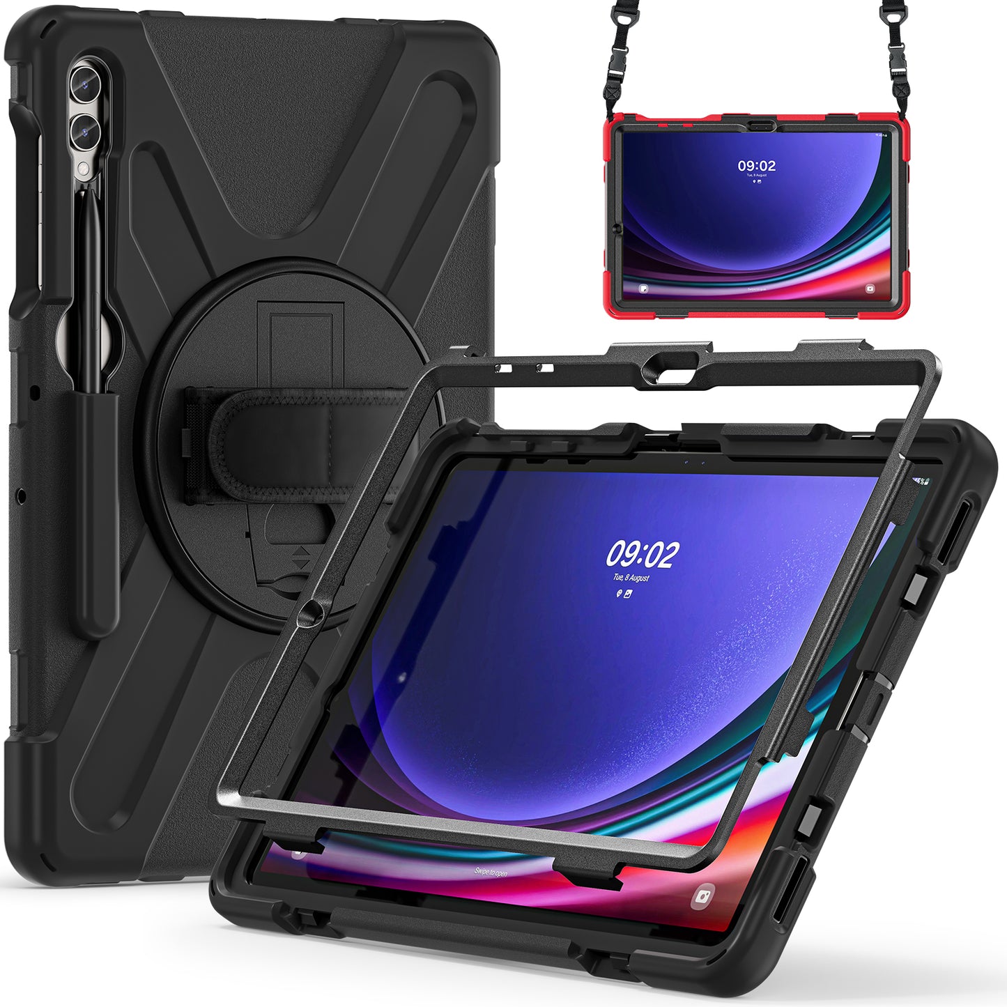 For Samsung Galaxy Tab S9 FE+ / S9+ / S8+ / S7+ Shockproof PC+Silicone Rugged Tablet Case Kickstand with Hand Band / Shoulder Strap