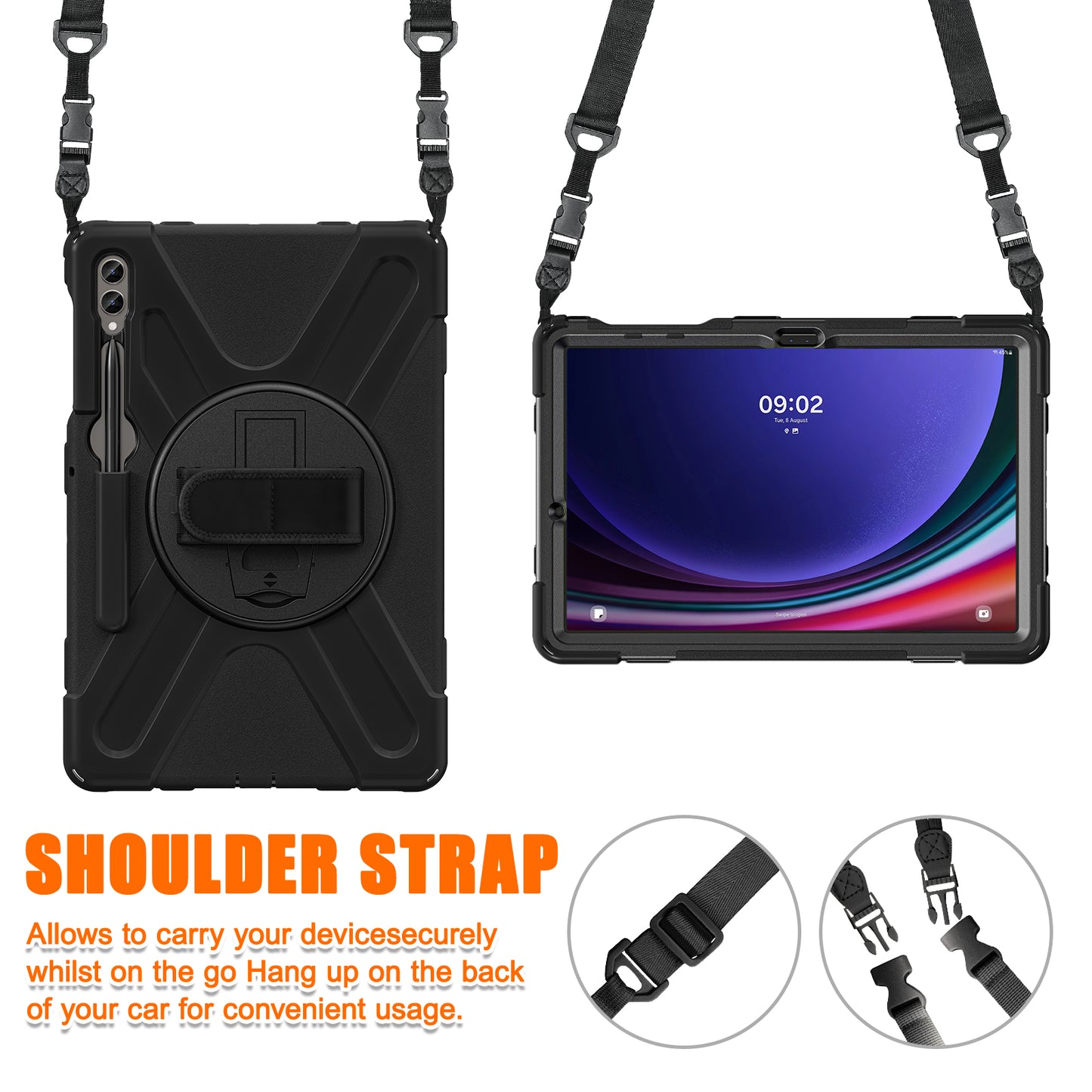 For Samsung Galaxy Tab S9 FE+ / S9+ / S8+ / S7+ Shockproof PC+Silicone Rugged Tablet Case Kickstand with Hand Band / Shoulder Strap