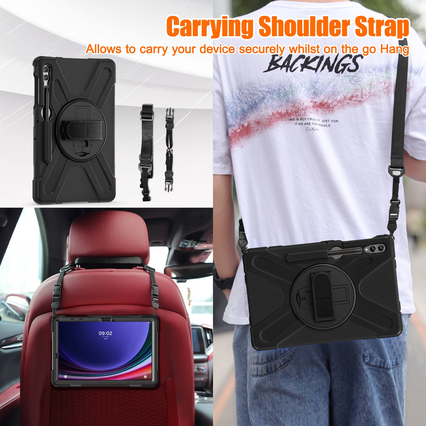 For Samsung Galaxy Tab S9 FE+ / S9+ / S8+ / S7+ Shockproof PC+Silicone Rugged Tablet Case Kickstand with Hand Band / Shoulder Strap