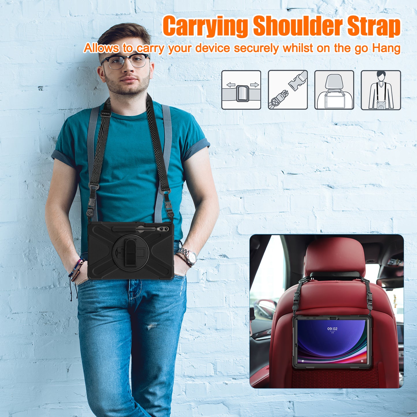 For Samsung Galaxy Tab S9 FE+ / S9+ / S8+ / S7+ Shockproof PC+Silicone Rugged Tablet Case Kickstand with Hand Band / Shoulder Strap