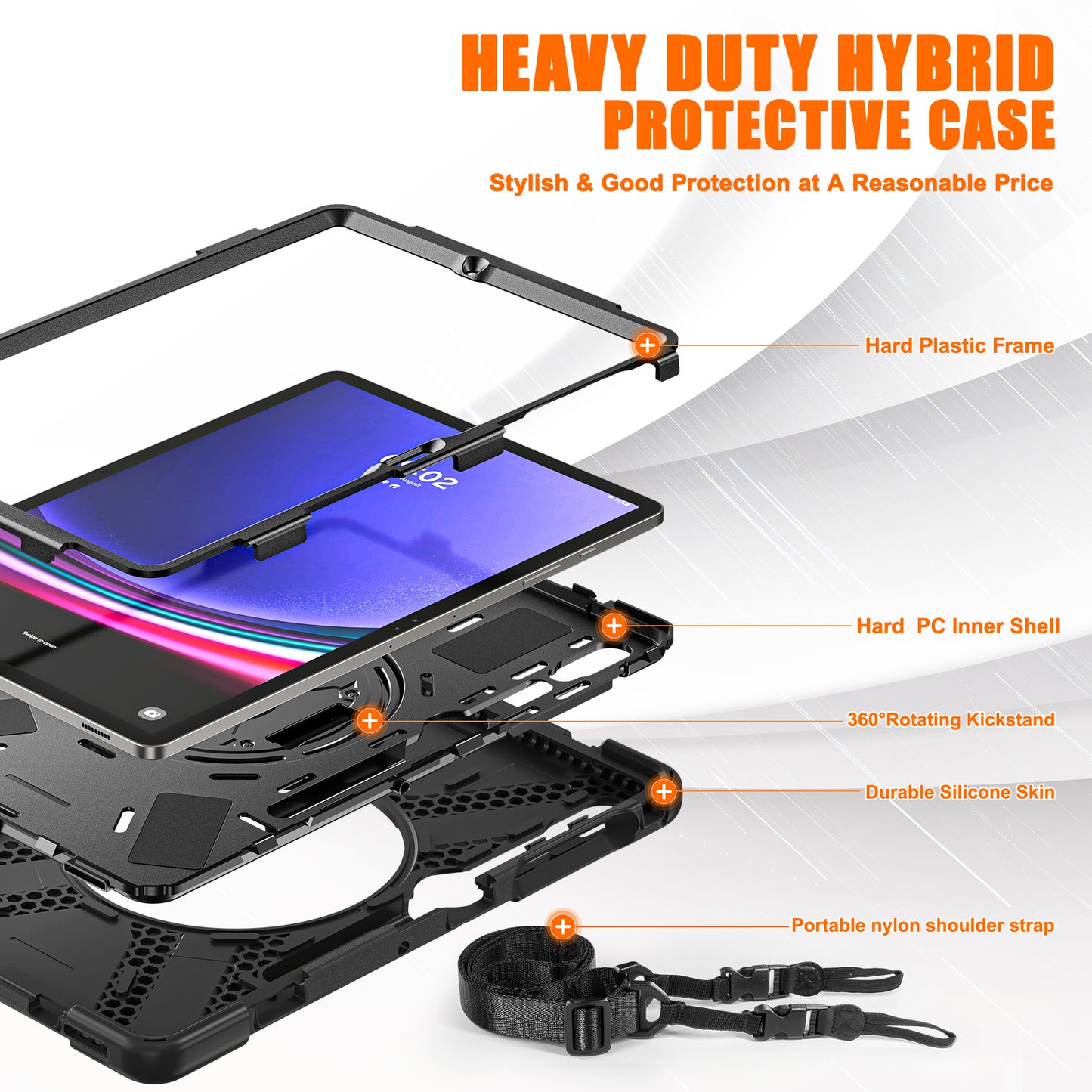 For Samsung Galaxy Tab S9 FE+ / S9+ / S8+ / S7+ Shockproof PC+Silicone Rugged Tablet Case Kickstand with Hand Band / Shoulder Strap