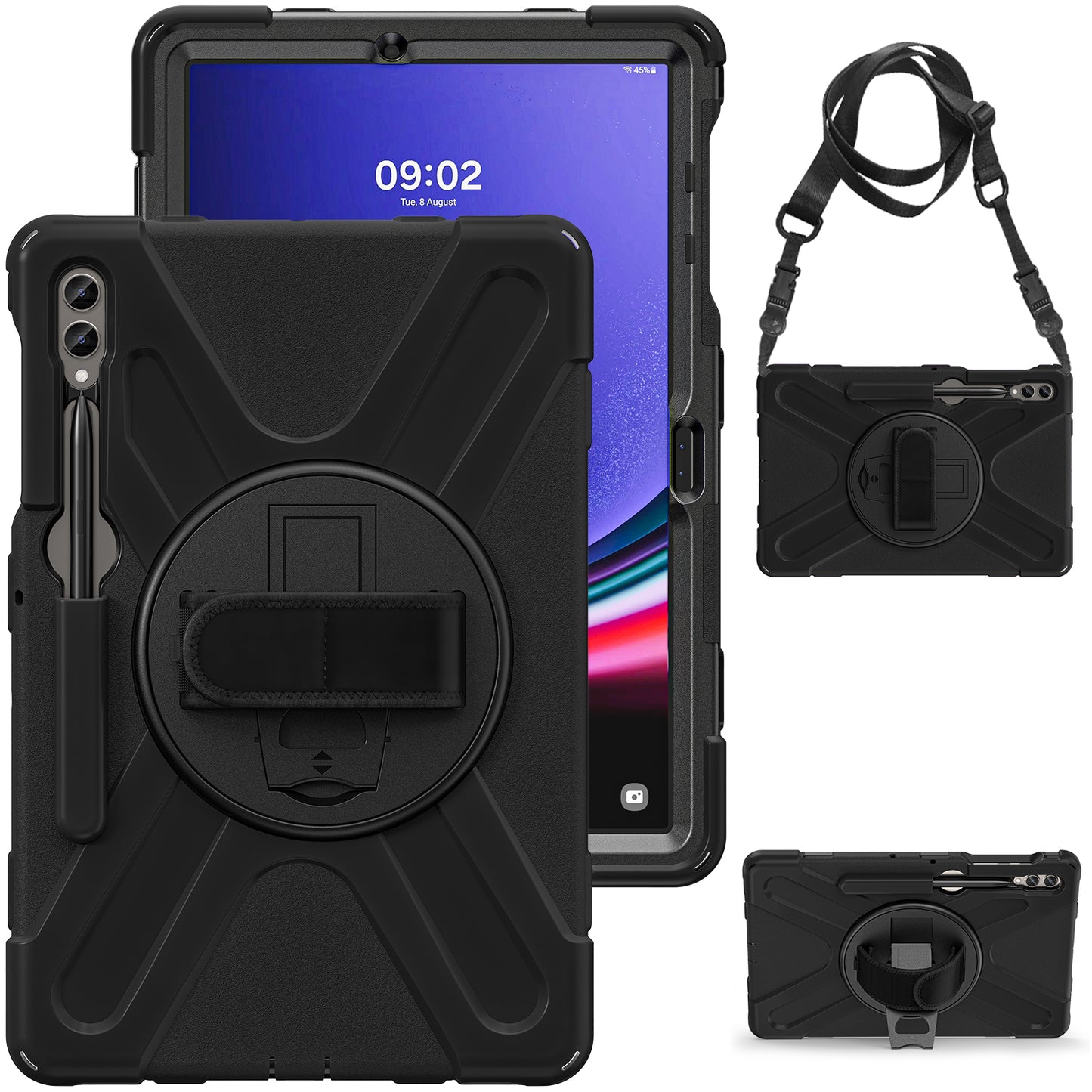 For Samsung Galaxy Tab S9 FE+ / S9+ / S8+ / S7+ Shockproof PC+Silicone Rugged Tablet Case Kickstand with Hand Band / Shoulder Strap