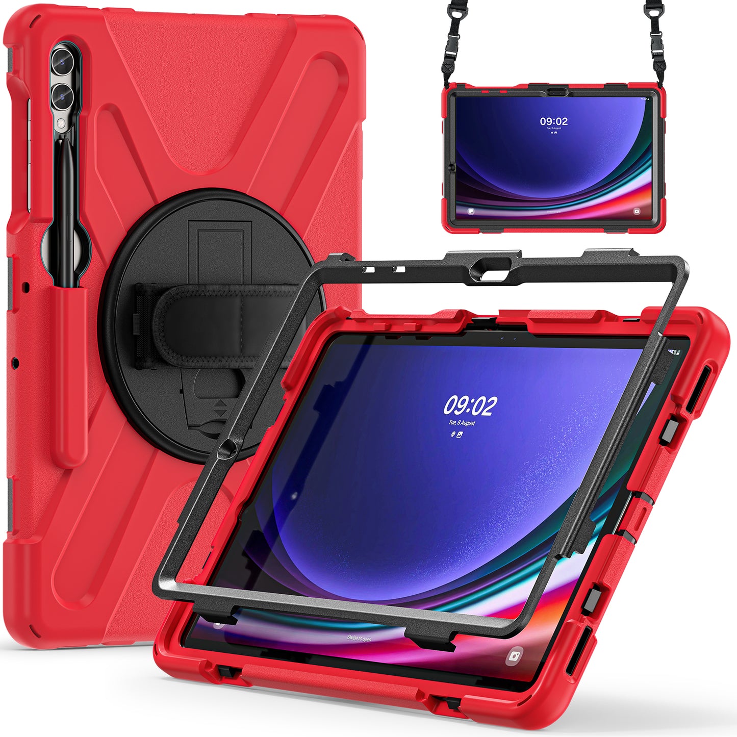 For Samsung Galaxy Tab S9 FE+ / S9+ / S8+ / S7+ Shockproof PC+Silicone Rugged Tablet Case Kickstand with Hand Band / Shoulder Strap