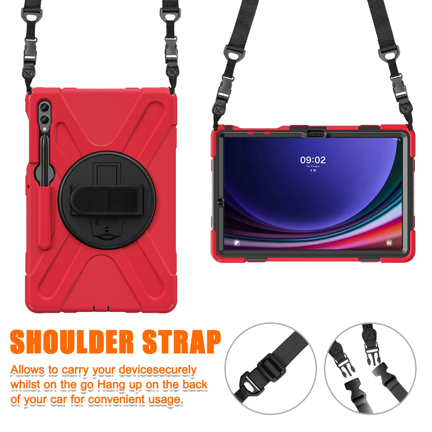 For Samsung Galaxy Tab S9 FE+ / S9+ / S8+ / S7+ Shockproof PC+Silicone Rugged Tablet Case Kickstand with Hand Band / Shoulder Strap