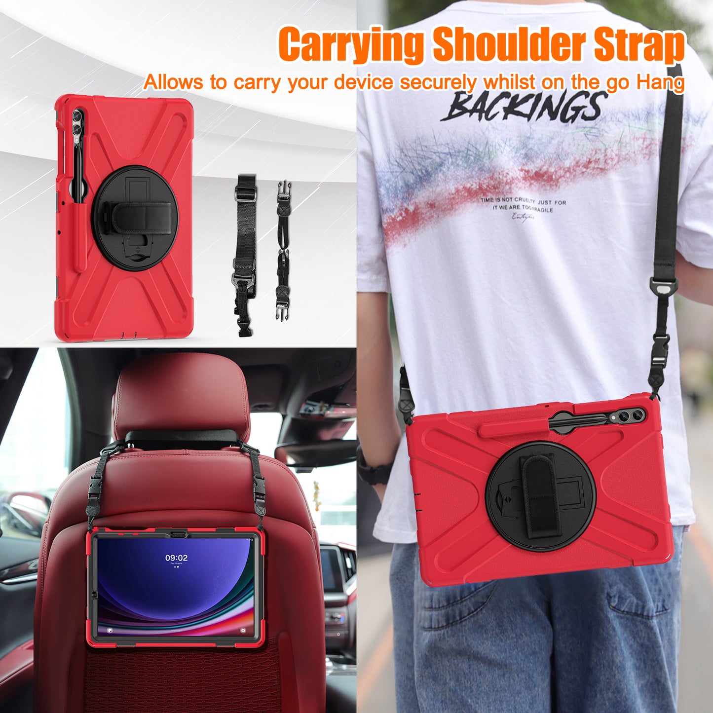 For Samsung Galaxy Tab S9 FE+ / S9+ / S8+ / S7+ Shockproof PC+Silicone Rugged Tablet Case Kickstand with Hand Band / Shoulder Strap