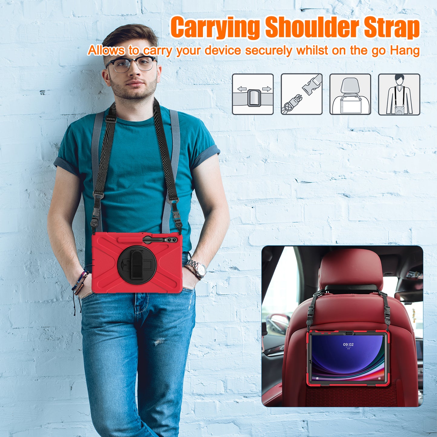 For Samsung Galaxy Tab S9 FE+ / S9+ / S8+ / S7+ Shockproof PC+Silicone Rugged Tablet Case Kickstand with Hand Band / Shoulder Strap