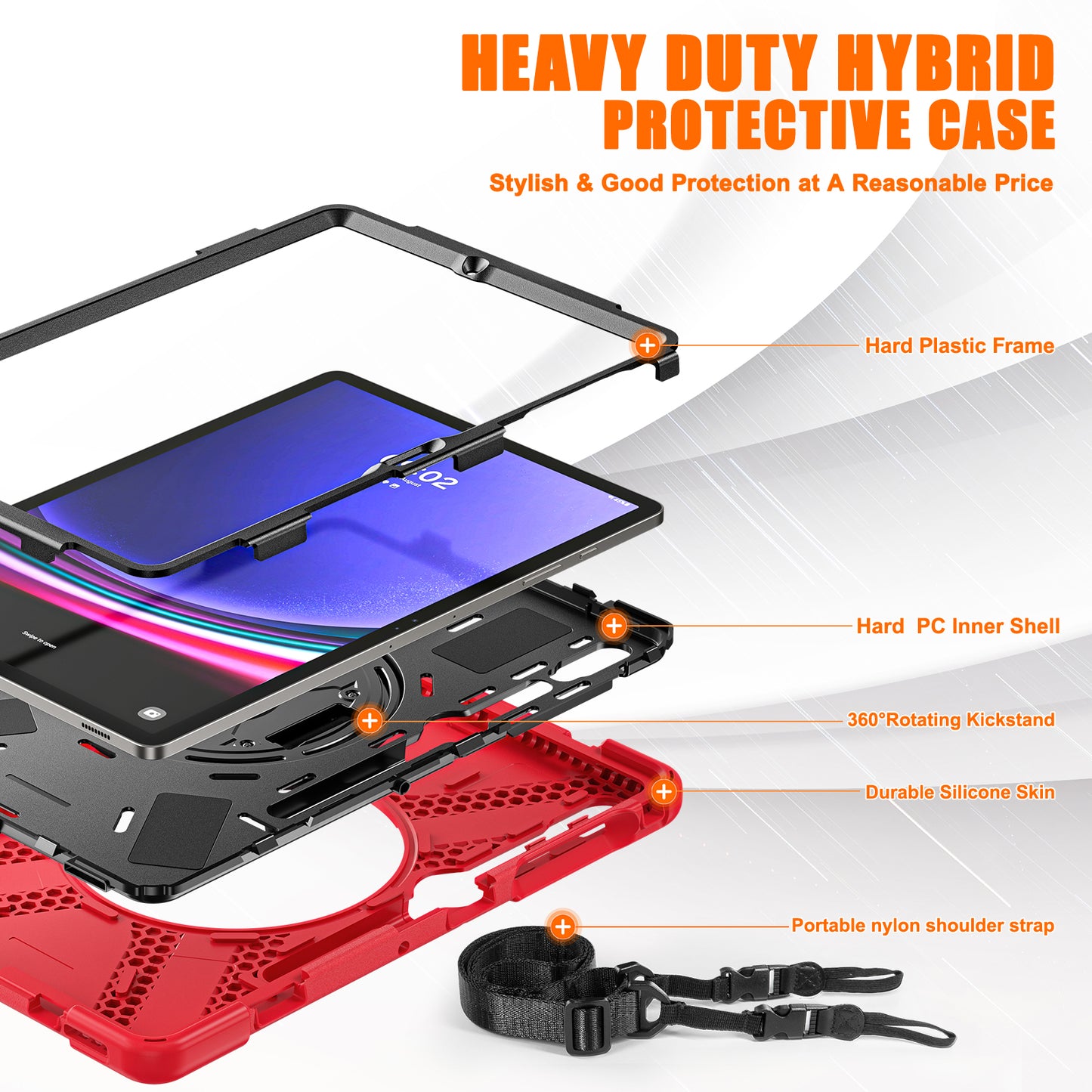 For Samsung Galaxy Tab S9 FE+ / S9+ / S8+ / S7+ Shockproof PC+Silicone Rugged Tablet Case Kickstand with Hand Band / Shoulder Strap