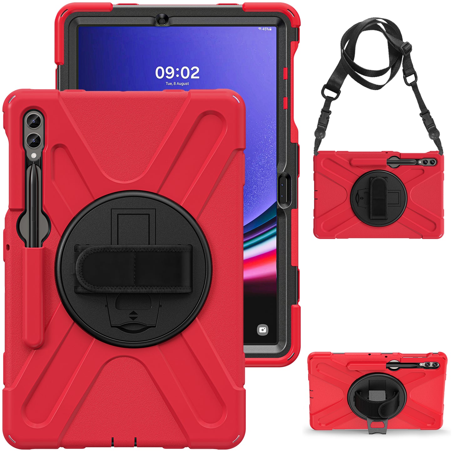 For Samsung Galaxy Tab S9 FE+ / S9+ / S8+ / S7+ Shockproof PC+Silicone Rugged Tablet Case Kickstand with Hand Band / Shoulder Strap