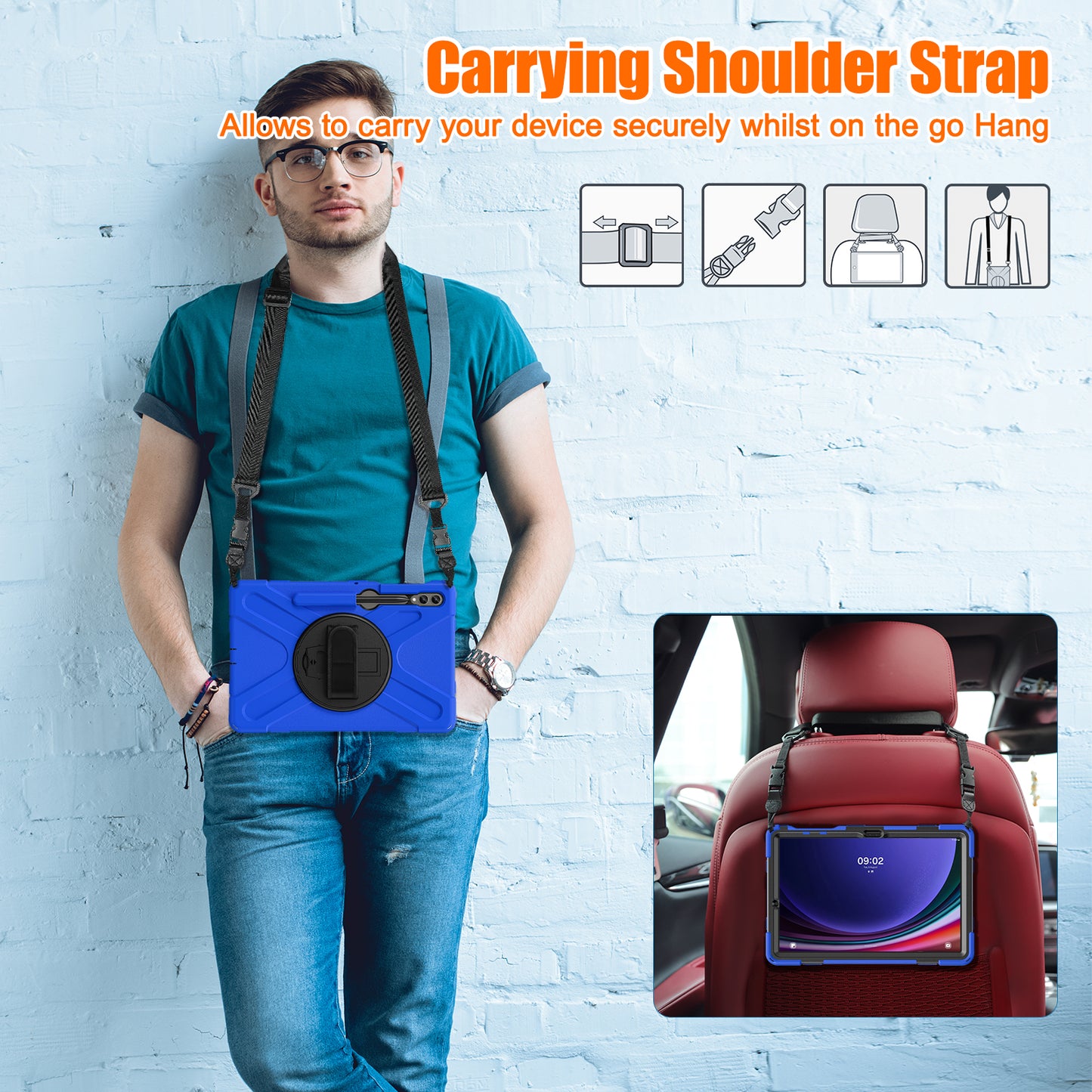 For Samsung Galaxy Tab S9 FE+ / S9+ / S8+ / S7+ Shockproof PC+Silicone Rugged Tablet Case Kickstand with Hand Band / Shoulder Strap