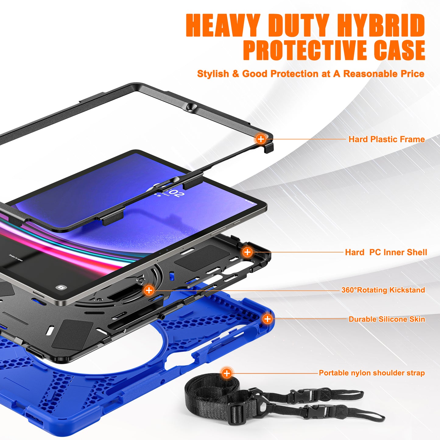 For Samsung Galaxy Tab S9 FE+ / S9+ / S8+ / S7+ Shockproof PC+Silicone Rugged Tablet Case Kickstand with Hand Band / Shoulder Strap
