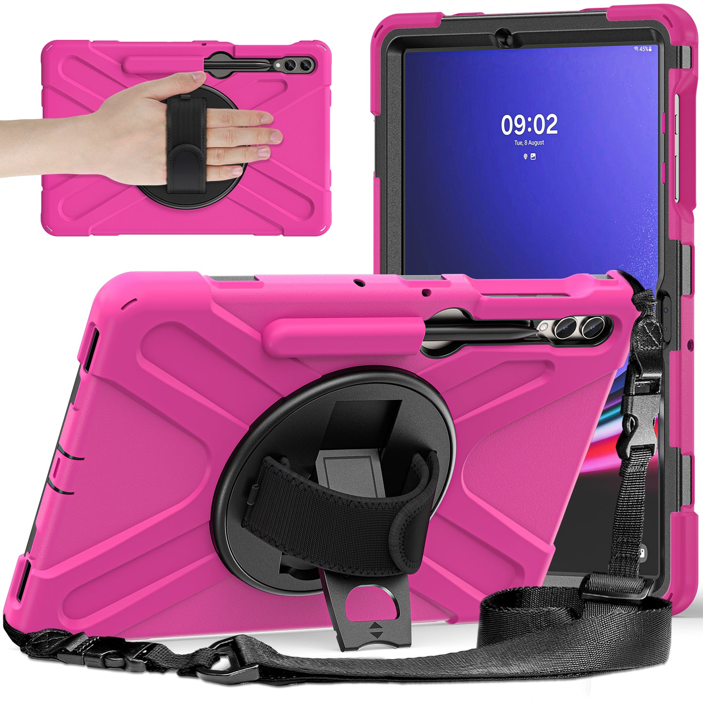 For Samsung Galaxy Tab S9 FE+ / S9+ / S8+ / S7+ Shockproof PC+Silicone Rugged Tablet Case Kickstand with Hand Band / Shoulder Strap