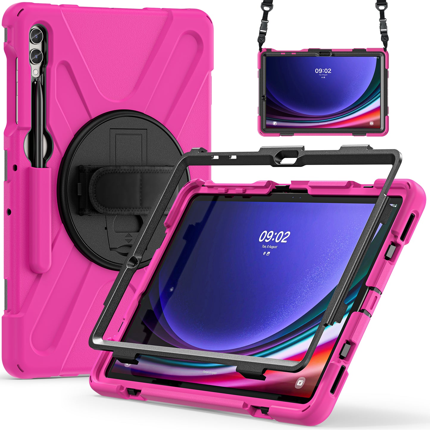 For Samsung Galaxy Tab S9 FE+ / S9+ / S8+ / S7+ Shockproof PC+Silicone Rugged Tablet Case Kickstand with Hand Band / Shoulder Strap