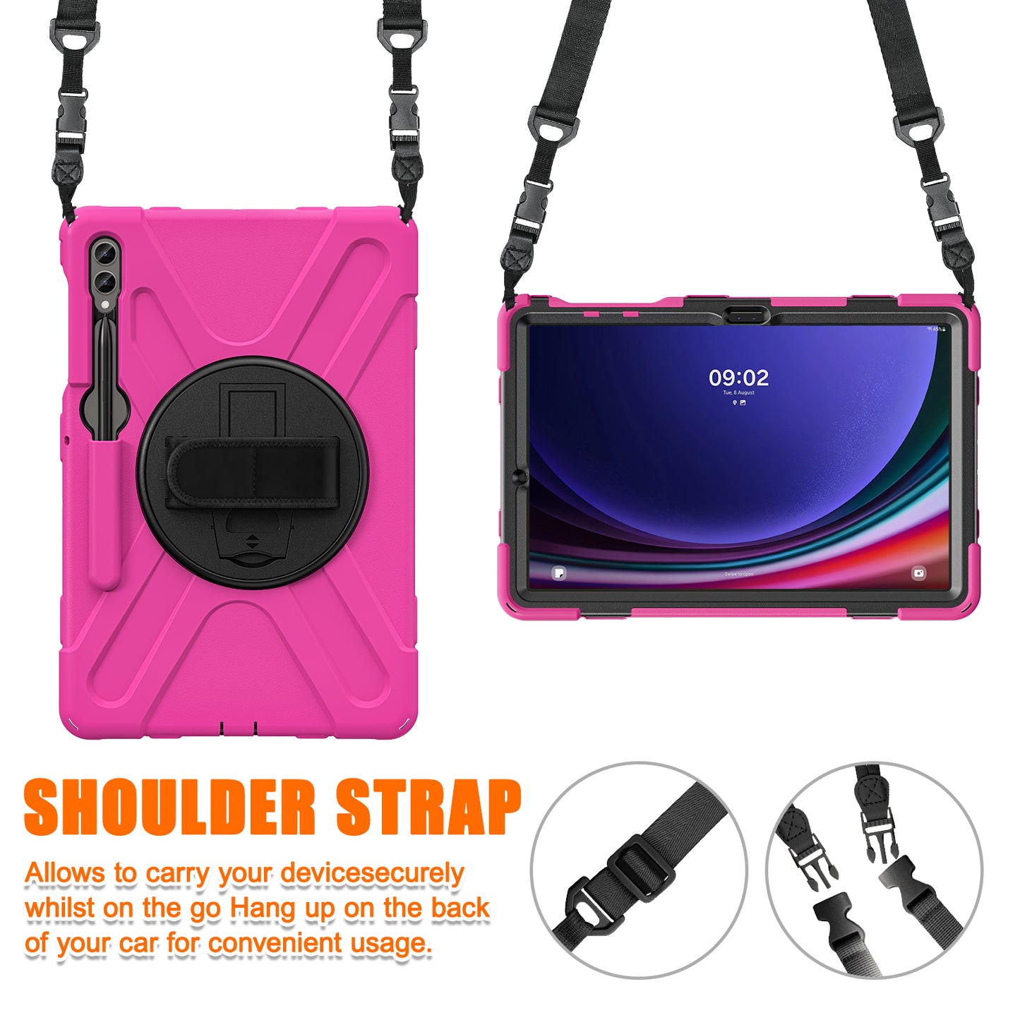 For Samsung Galaxy Tab S9 FE+ / S9+ / S8+ / S7+ Shockproof PC+Silicone Rugged Tablet Case Kickstand with Hand Band / Shoulder Strap