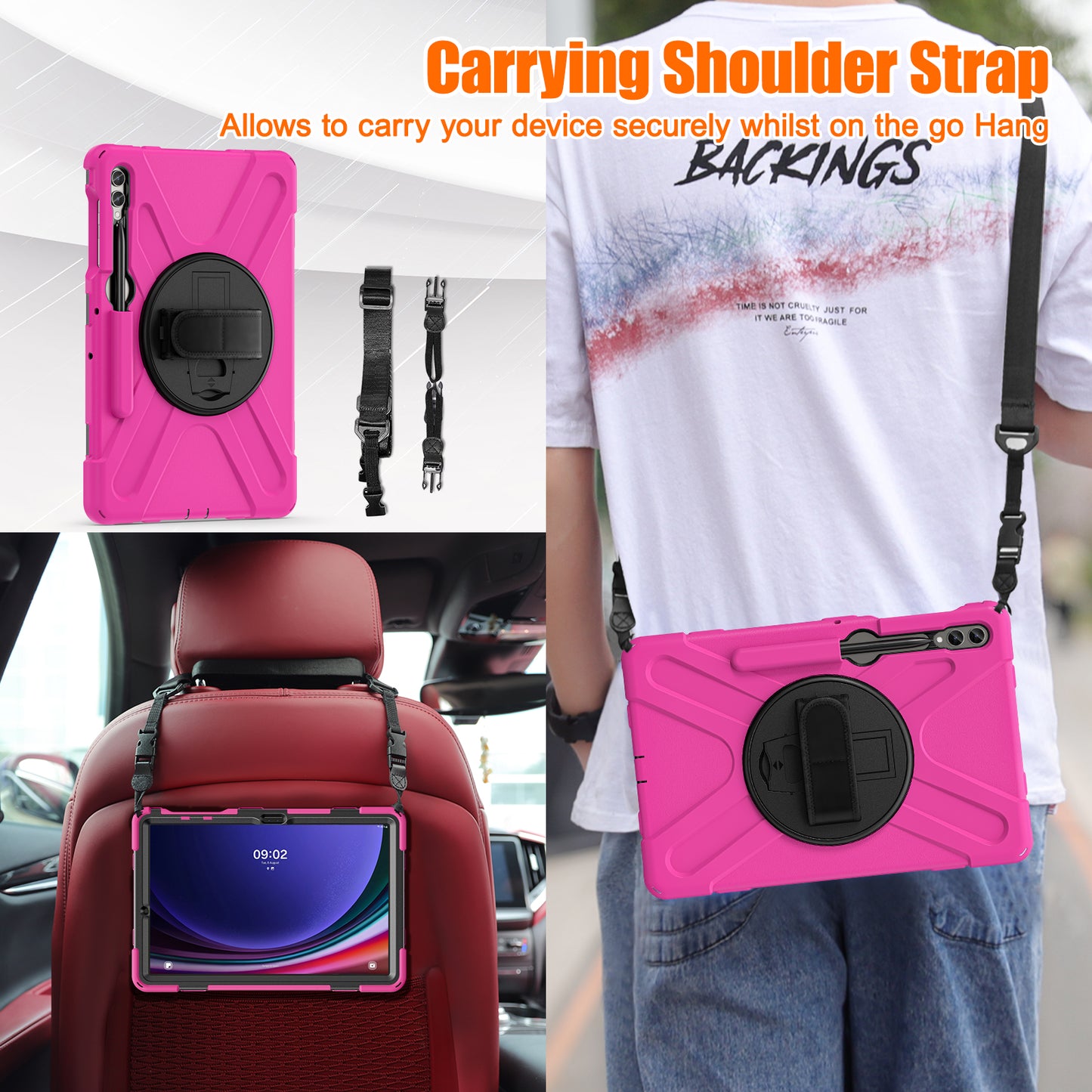 For Samsung Galaxy Tab S9 FE+ / S9+ / S8+ / S7+ Shockproof PC+Silicone Rugged Tablet Case Kickstand with Hand Band / Shoulder Strap