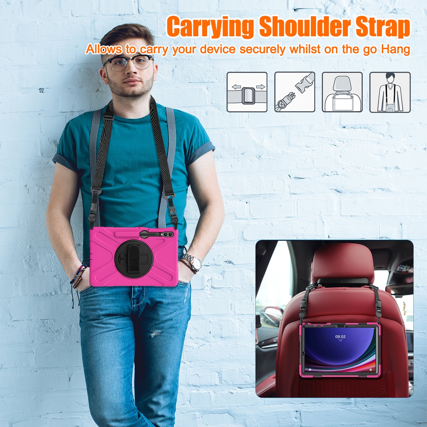 For Samsung Galaxy Tab S9 FE+ / S9+ / S8+ / S7+ Shockproof PC+Silicone Rugged Tablet Case Kickstand with Hand Band / Shoulder Strap
