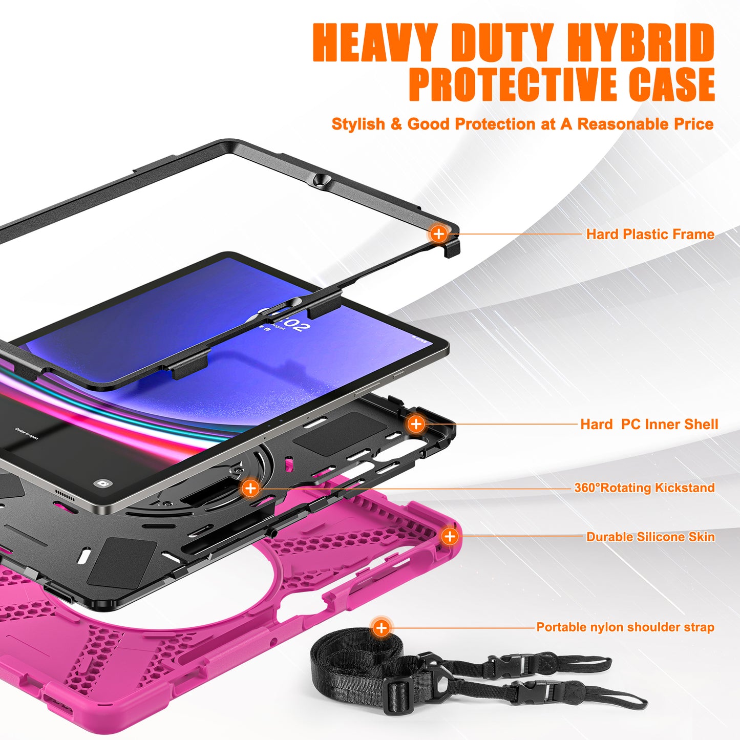 For Samsung Galaxy Tab S9 FE+ / S9+ / S8+ / S7+ Shockproof PC+Silicone Rugged Tablet Case Kickstand with Hand Band / Shoulder Strap