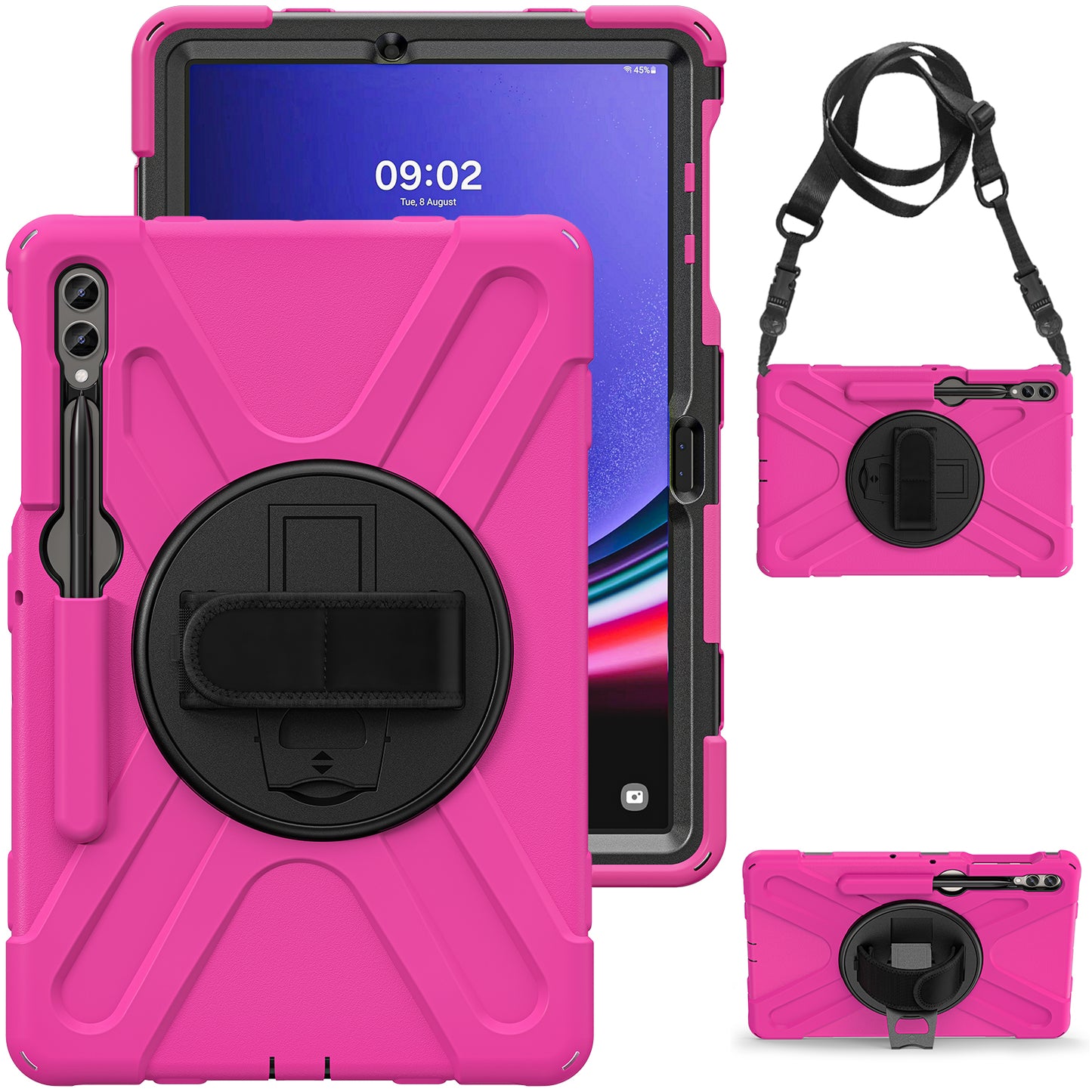 For Samsung Galaxy Tab S9 FE+ / S9+ / S8+ / S7+ Shockproof PC+Silicone Rugged Tablet Case Kickstand with Hand Band / Shoulder Strap