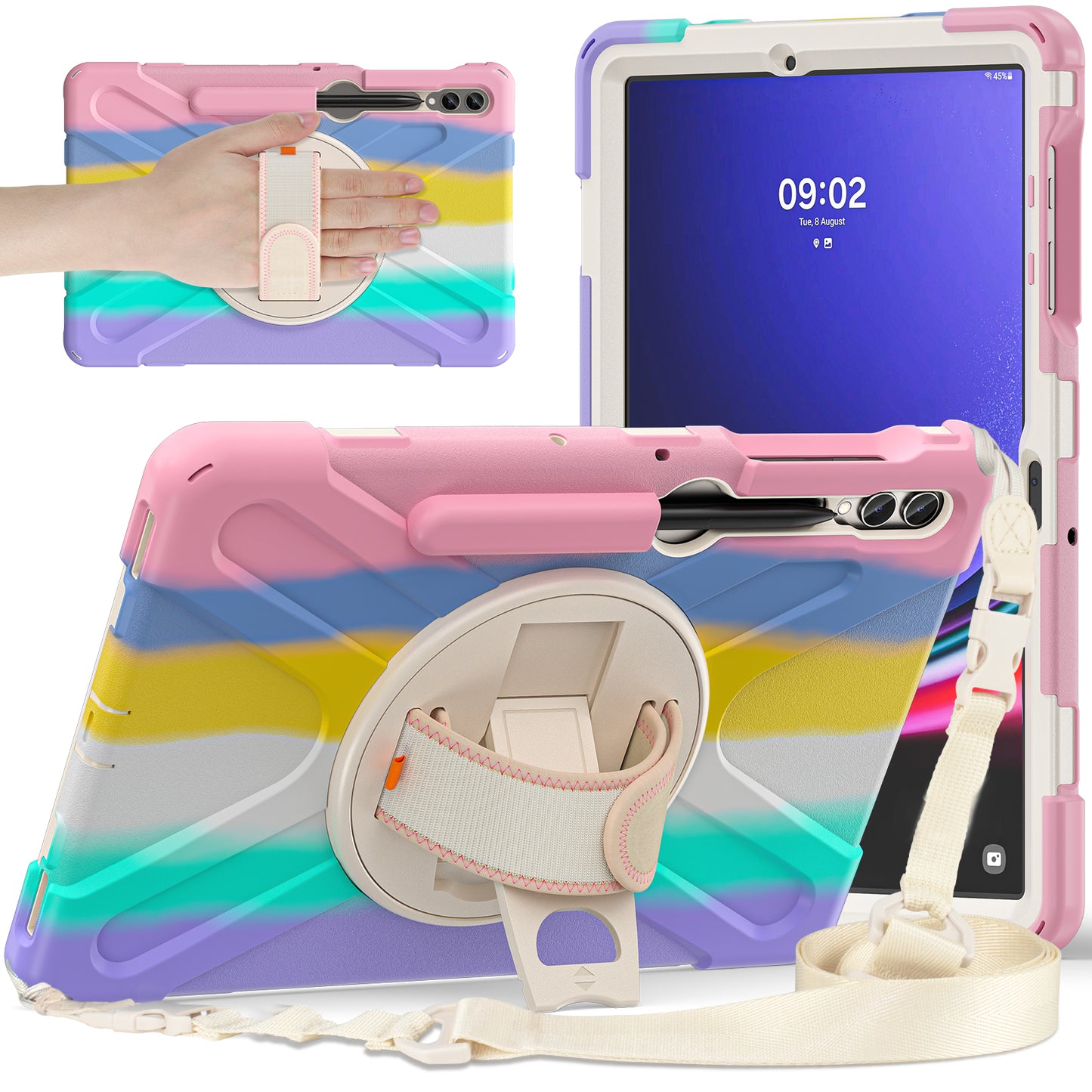 For Samsung Galaxy Tab S9 FE+ / S9+ / S8+ / S7+ Shockproof PC+Silicone Rugged Tablet Case Kickstand with Hand Band / Shoulder Strap