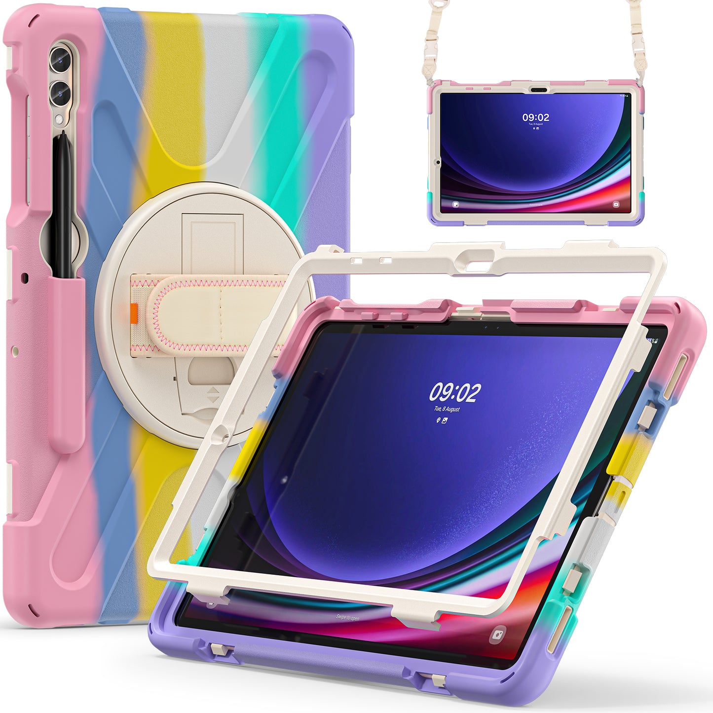 For Samsung Galaxy Tab S9 FE+ / S9+ / S8+ / S7+ Shockproof PC+Silicone Rugged Tablet Case Kickstand with Hand Band / Shoulder Strap