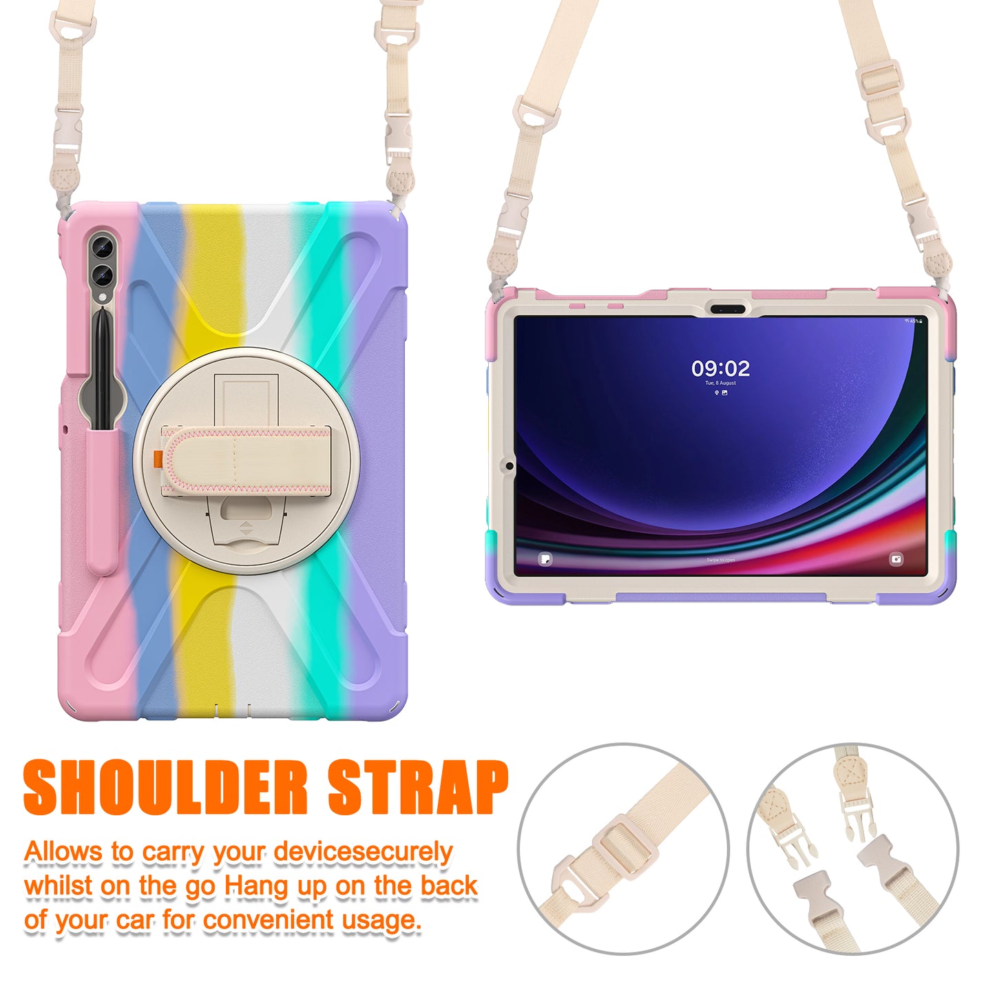 For Samsung Galaxy Tab S9 FE+ / S9+ / S8+ / S7+ Shockproof PC+Silicone Rugged Tablet Case Kickstand with Hand Band / Shoulder Strap