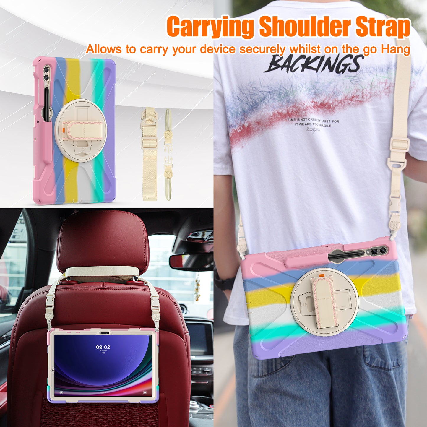 For Samsung Galaxy Tab S9 FE+ / S9+ / S8+ / S7+ Shockproof PC+Silicone Rugged Tablet Case Kickstand with Hand Band / Shoulder Strap