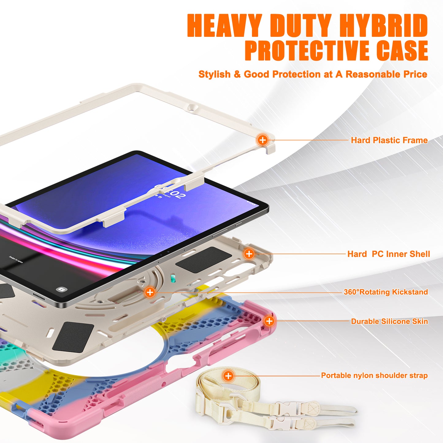 For Samsung Galaxy Tab S9 FE+ / S9+ / S8+ / S7+ Shockproof PC+Silicone Rugged Tablet Case Kickstand with Hand Band / Shoulder Strap