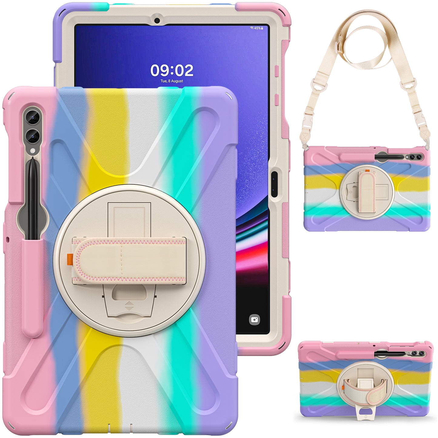 For Samsung Galaxy Tab S9 FE+ / S9+ / S8+ / S7+ Shockproof PC+Silicone Rugged Tablet Case Kickstand with Hand Band / Shoulder Strap